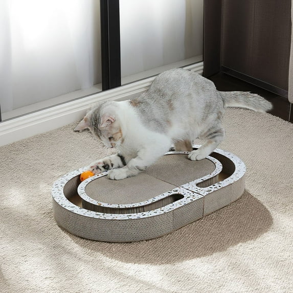 Pefilos 22" Cat Scratcher Cardboard Lounge Bed with Ball Toy, Double-Sided Durable, Cat Scratching Pads Cat Scratcher Toy for Indoor Cats, Brown