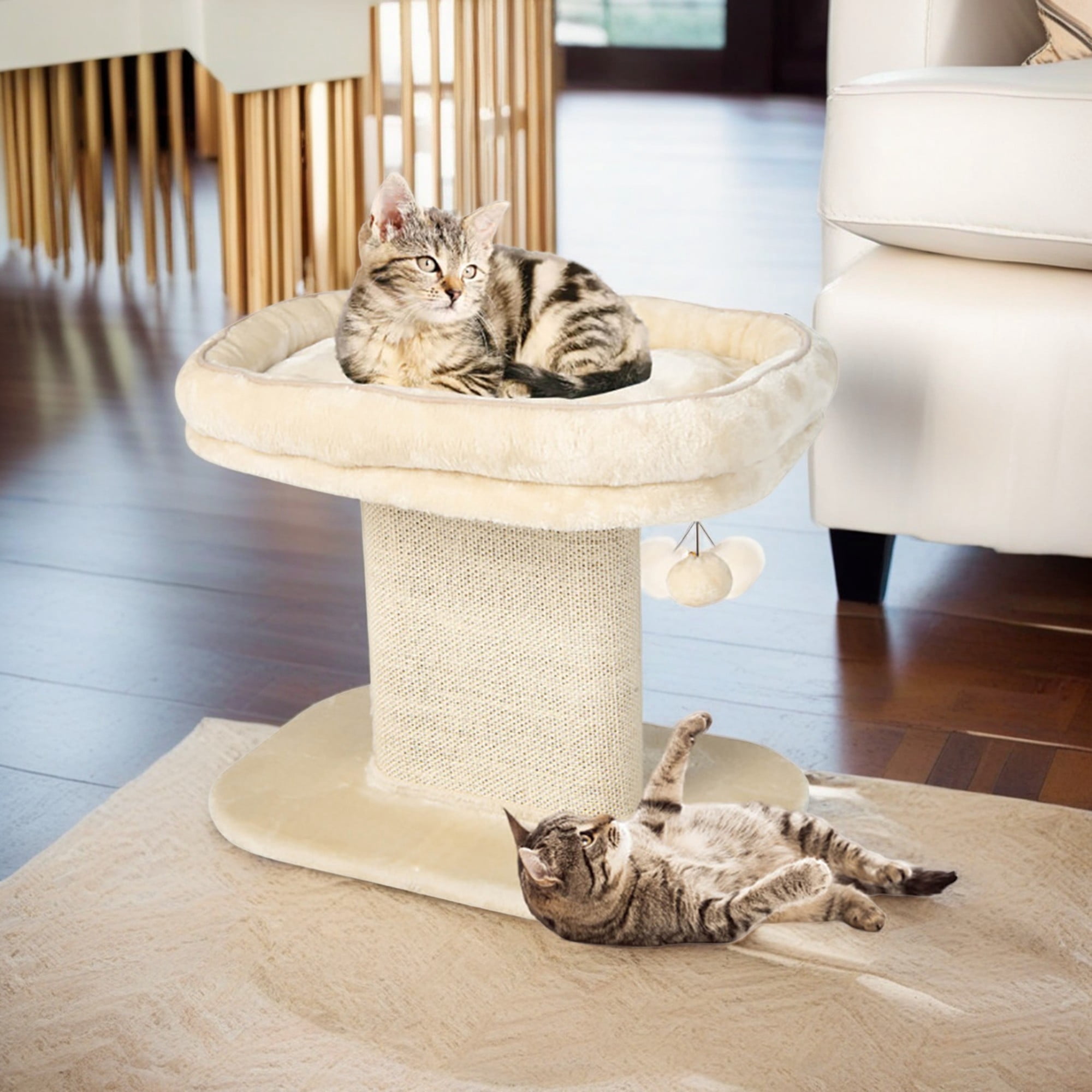 Pefilos 23" Cat Scratching Post Tree for Indoor Cats, Modern Cat Tree Tower with Large Plush Perch and Sisal Scratcher Plate, Beige