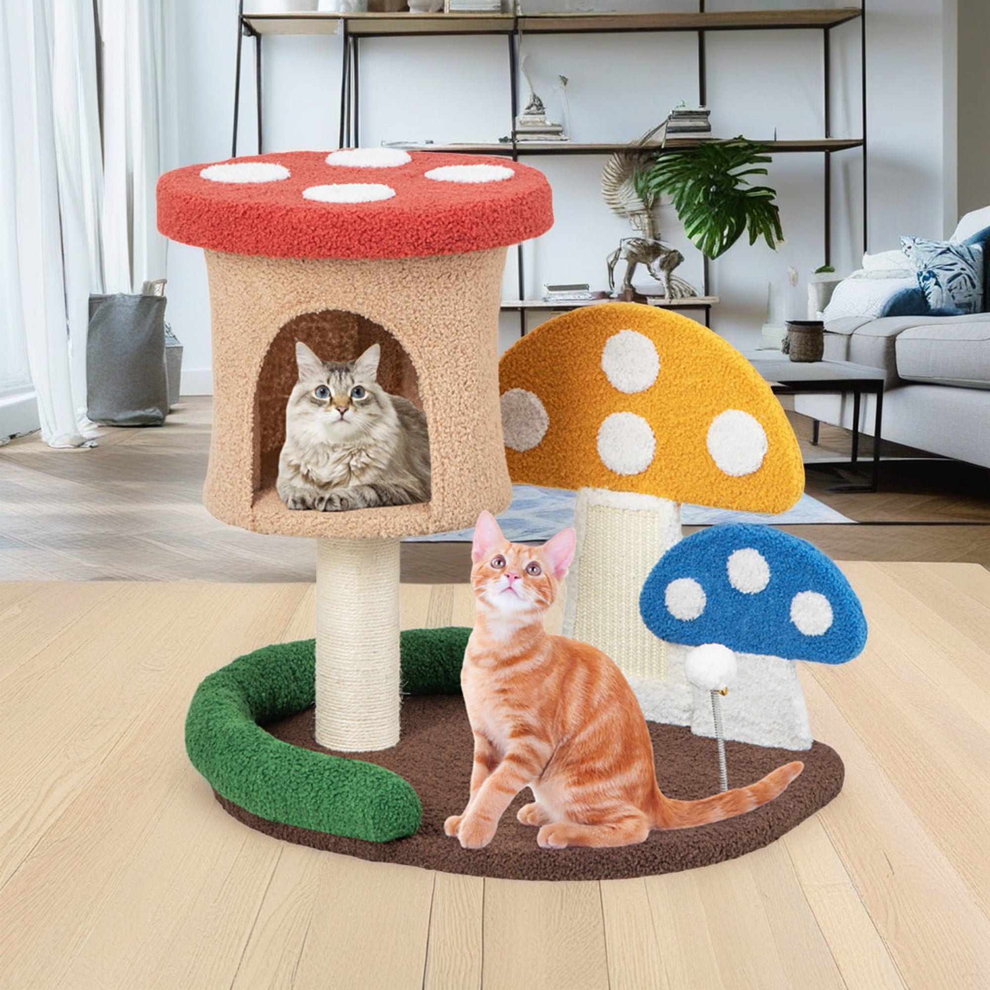 Pefilos 23" Cat Tree Tower with Sisal-Covered Scratching Post, 4-In-1 Mushroom Cat Condo with Padded Perch, for Small Spaces, Kittens, Multicolor Pefilos 23" Cat Tree Tower with Sisal-Covered Scratching Post, 4-In-1 Mushroom Cat Condo with Padded Perch, for Small Spaces, Kittens, Multicolor