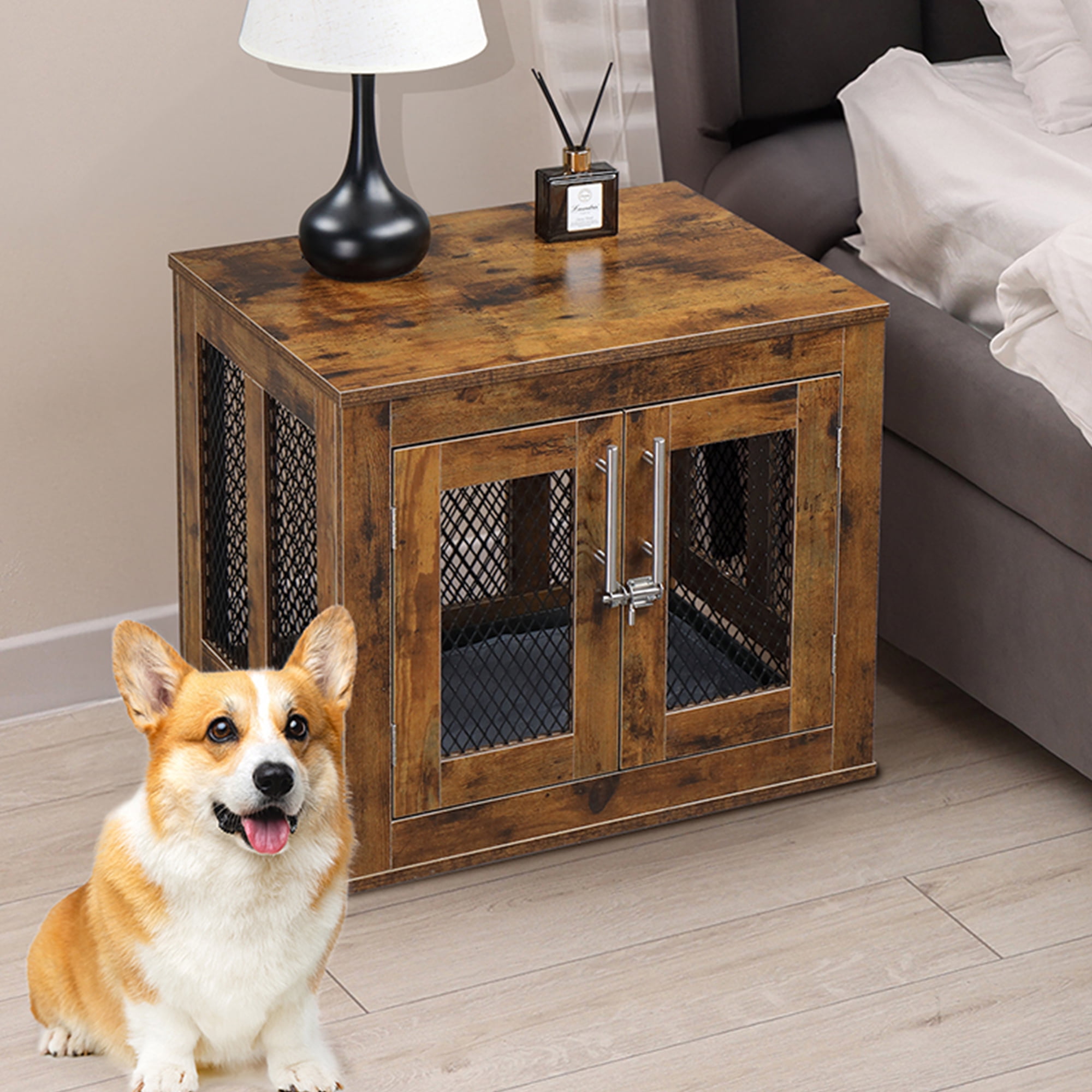 Pefilos 23" Dog Crate Furniture with Tray, Side End Table Wooden Dog Cage with Cushion, Dog Kennel Dog House Indoor for Small Dogs, Brown Pefilos 23" Dog Crate Furniture with Tray, Side End Table Wooden Dog Cage with Cushion, Dog Kennel Dog House Indoor for Small Dogs, Brown
