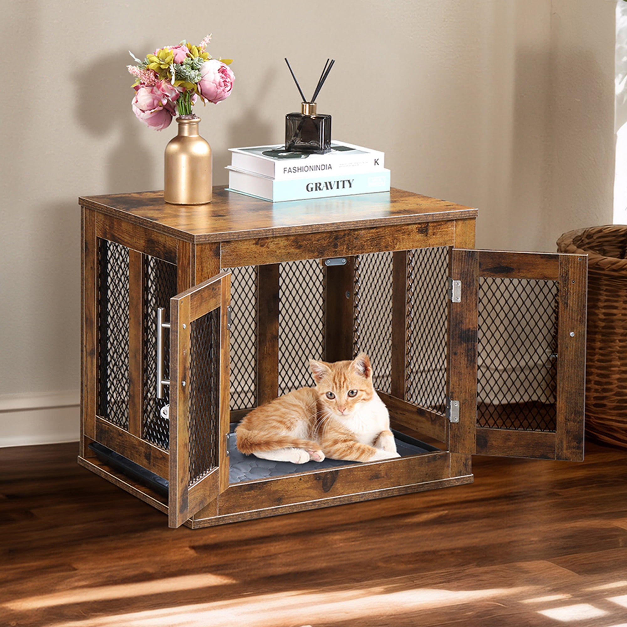 Pefilos 23" Dog Crate Furniture with Tray for Small Dogs, Indoor Puppy Kennel Pet House with Door, Modern Wood Dog Cage End Side Table, Brown Pefilos 23" Dog Crate Furniture with Tray for Small Dogs, Indoor Puppy Kennel Pet House with Door, Modern Wood Dog Cage End Side Table, Brown