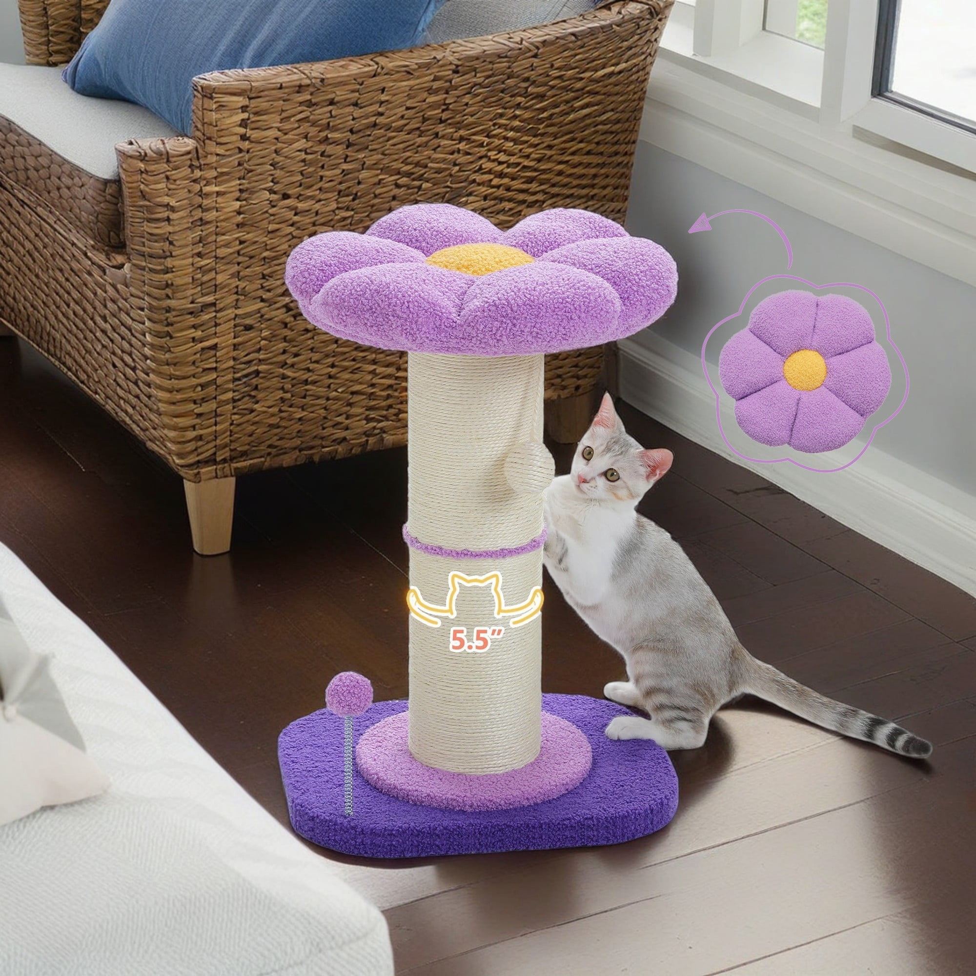 Pefilos 23" Flower Cat Scratching Post for Indoor Cats, Small Cat Tree Tower with Perches and Spring Ball for Adult Cats, Purple