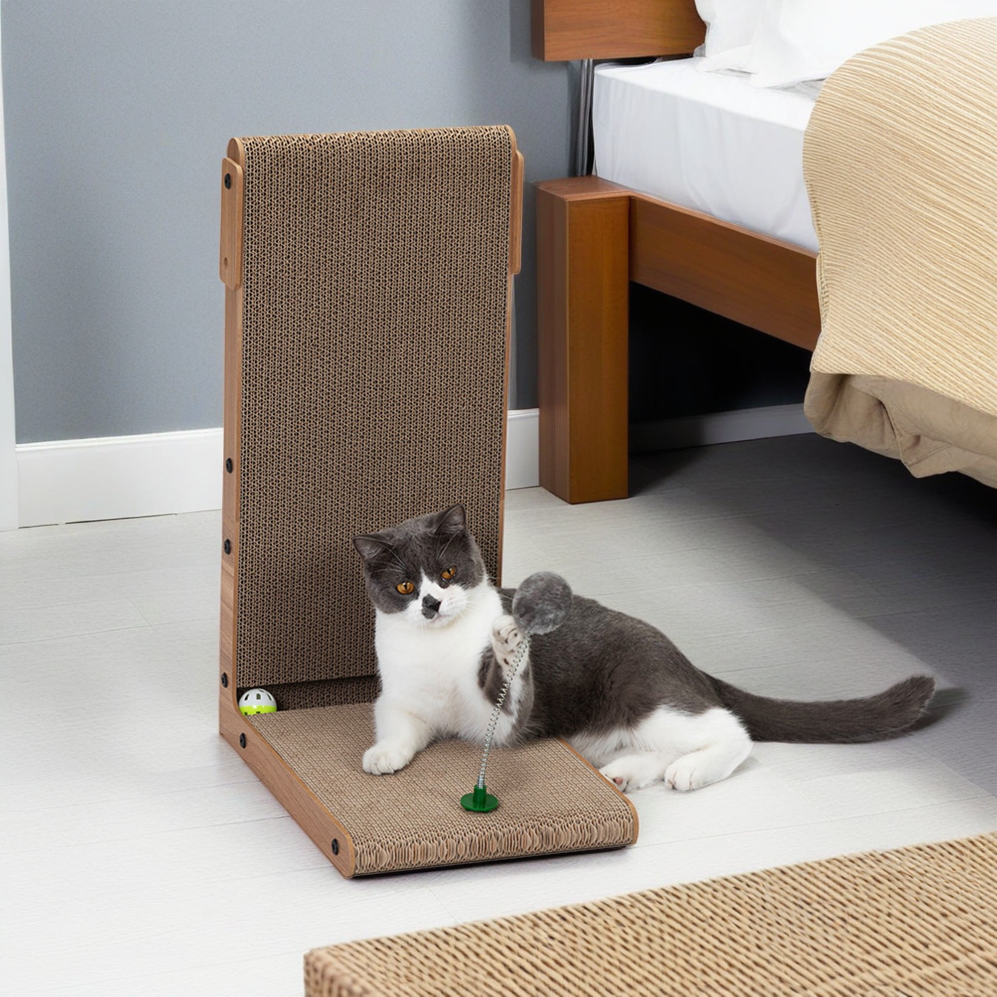 Pefilos 23" Indoor Cat Scratching Board, Interactive Scratch Pad with a Toy Ball, Reversible Cat Scratcher for Grinding Claw, Brown