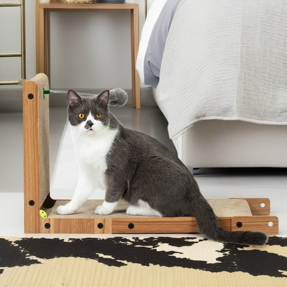 Pefilos 23" L Shaped Cat Scratching Board, Interactive Cat Scratch Pad Cat Toy with Toy Bell Ball, Corrugated Board-Covered Cat Scratcher, Brown
