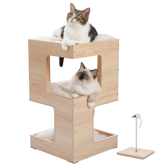 Pefilos 23" Wood Cat House Furniture for Indoor Cats, Modern Cat Tree Tower Bed with Free Cat Toy, Scratching Pad and Removable Soft Mats, Small Cat Condo, Beige