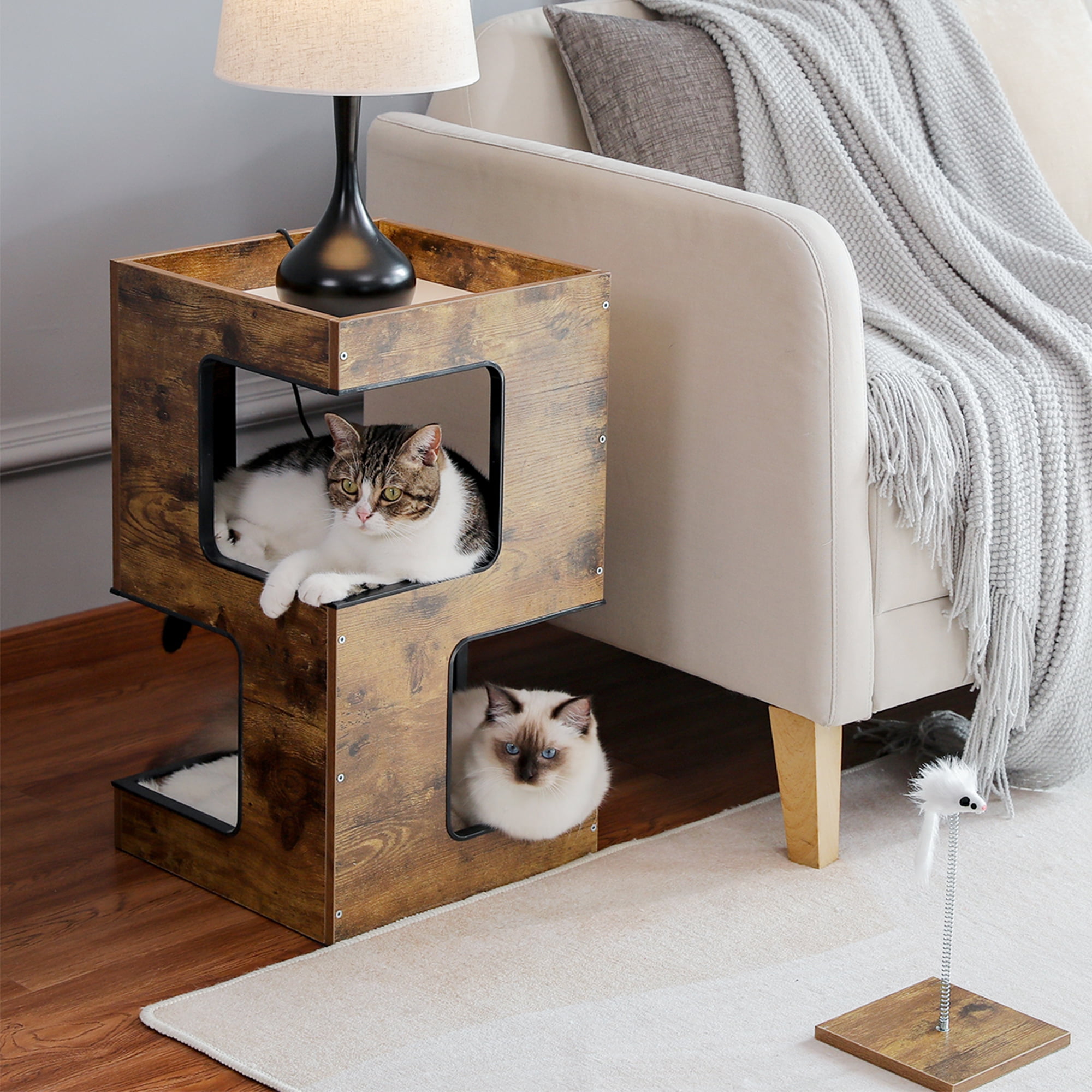 Pefilos 23 Wood Cat House Furniture for Indoor Cats Modern Cat Tree Tower Bed with Free Cat Toy Scratching Pad and Removable Soft Mats Small Cat Condo Brown Walmart