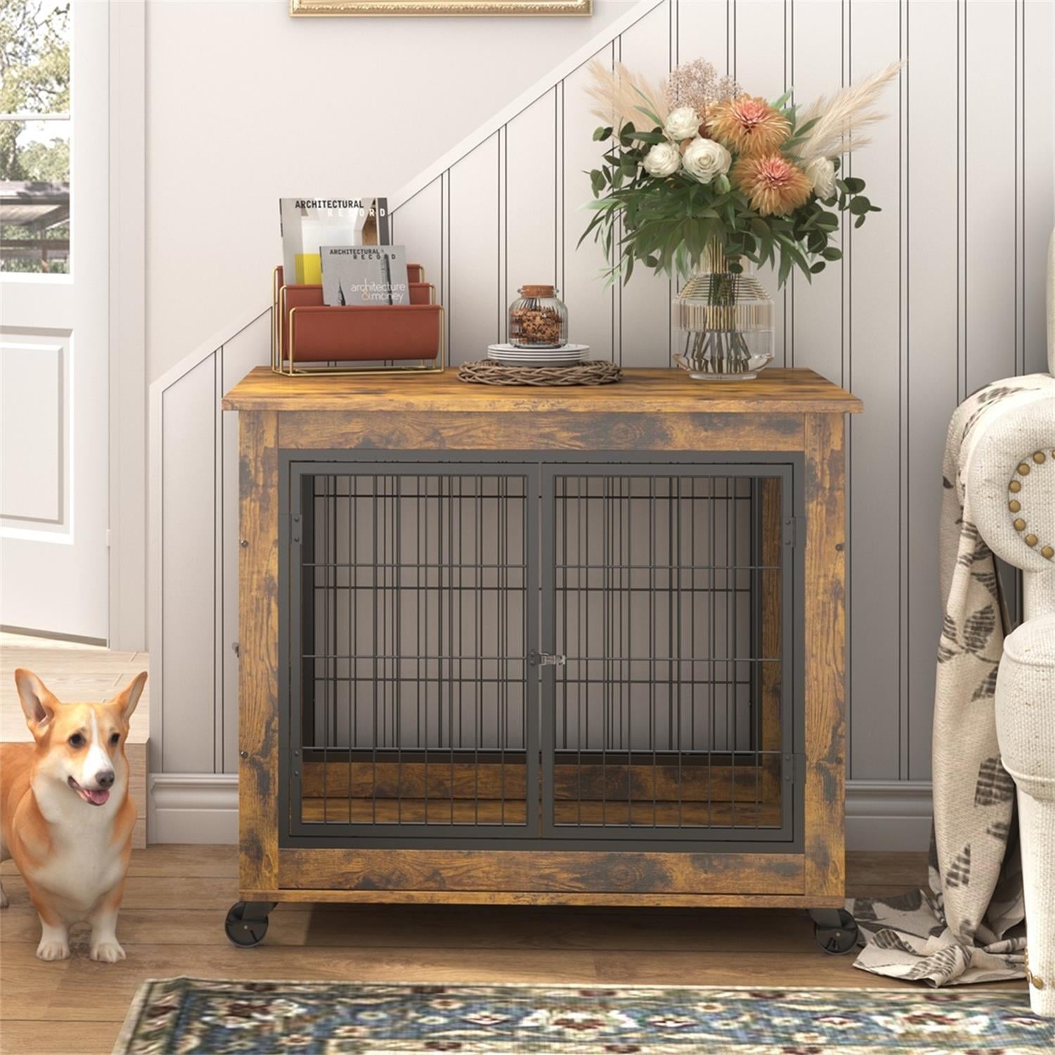 Pefilos 24" Dog Cage for Indoor Dog Crate for Medium Dogs Nightstand Dog House Side Table with Double Doors and Lift Top Casters, Brown