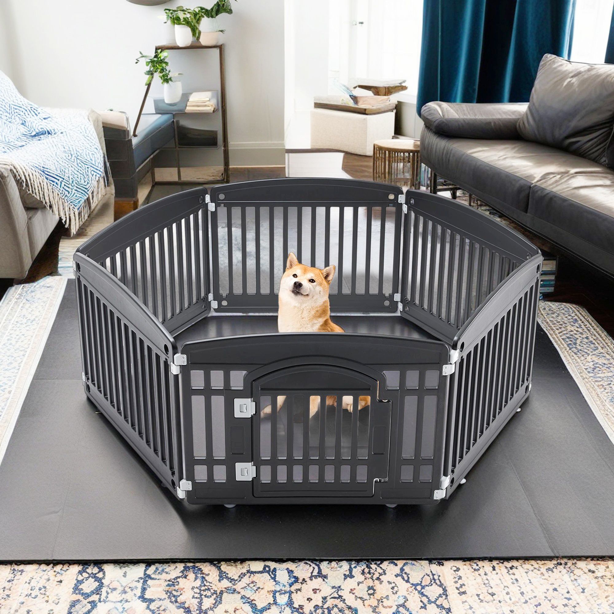 Pefilos 24" Dog Playpen 7-Panel Adjustable Folding Portable Pet Fence for Small to Medium Dogs Indoor Outdoor Use, Black