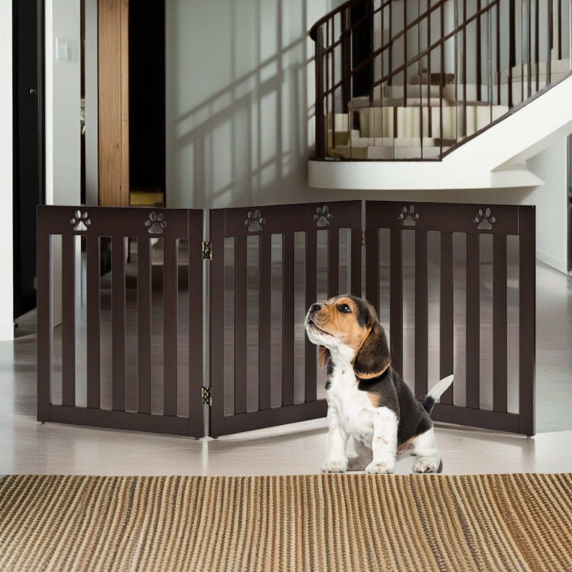 Pefilos 24" Folding Wood Pet Gate with 360° Flexible Hinge, 3-Panel Indoor Foldable Dog Fence for Stairs, Hallways, or Doorways, Retractable Freestanding Dog Gates, Brown Pefilos 24" Folding Wood Pet Gate with 360° Flexible Hinge, 3-Panel Indoor Foldable Dog Fence for Stairs, Hallways, or Doorways, Retractable Freestanding Dog Gates, Brown