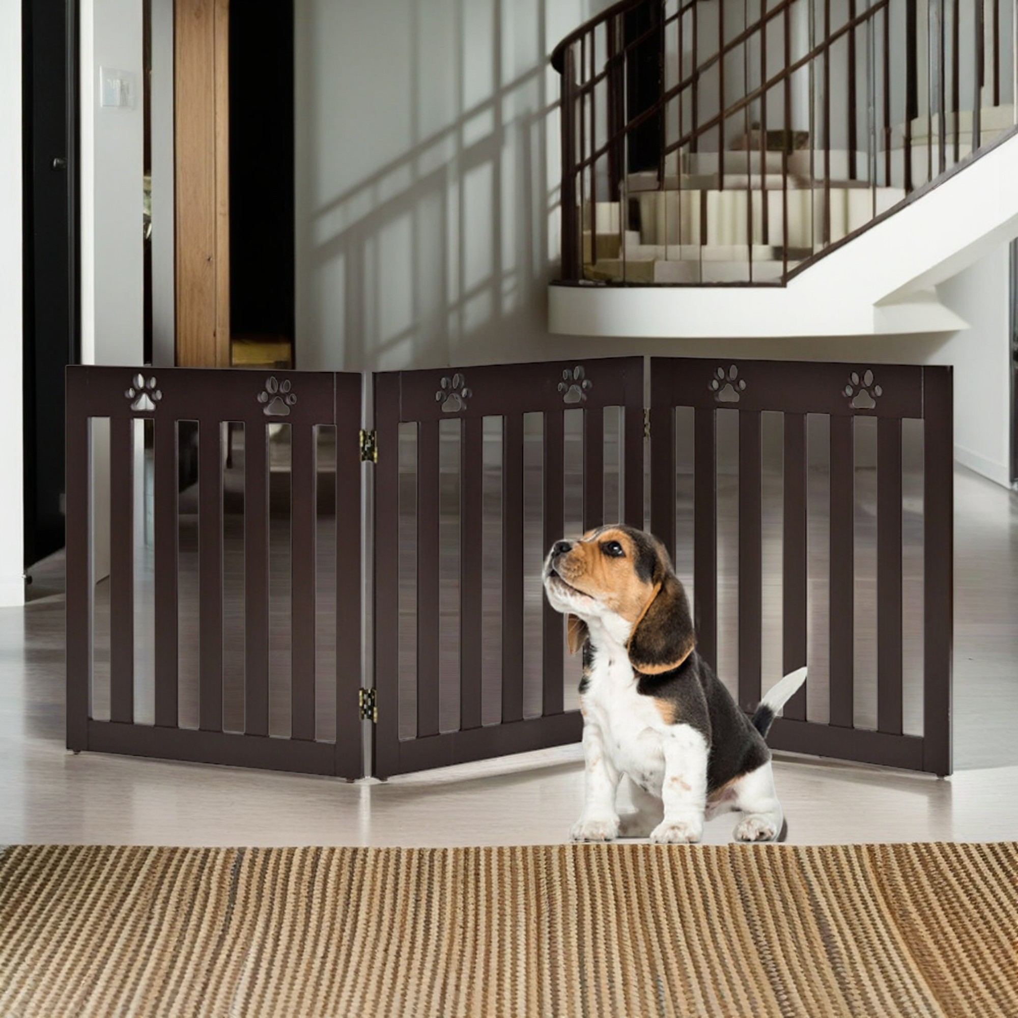 Pefilos 24 Folding Wood Pet Gate with 360 Flexible Hinge 3 Panel Indoor Foldable Dog Fence for Stairs Hallways or Doorways Retractable