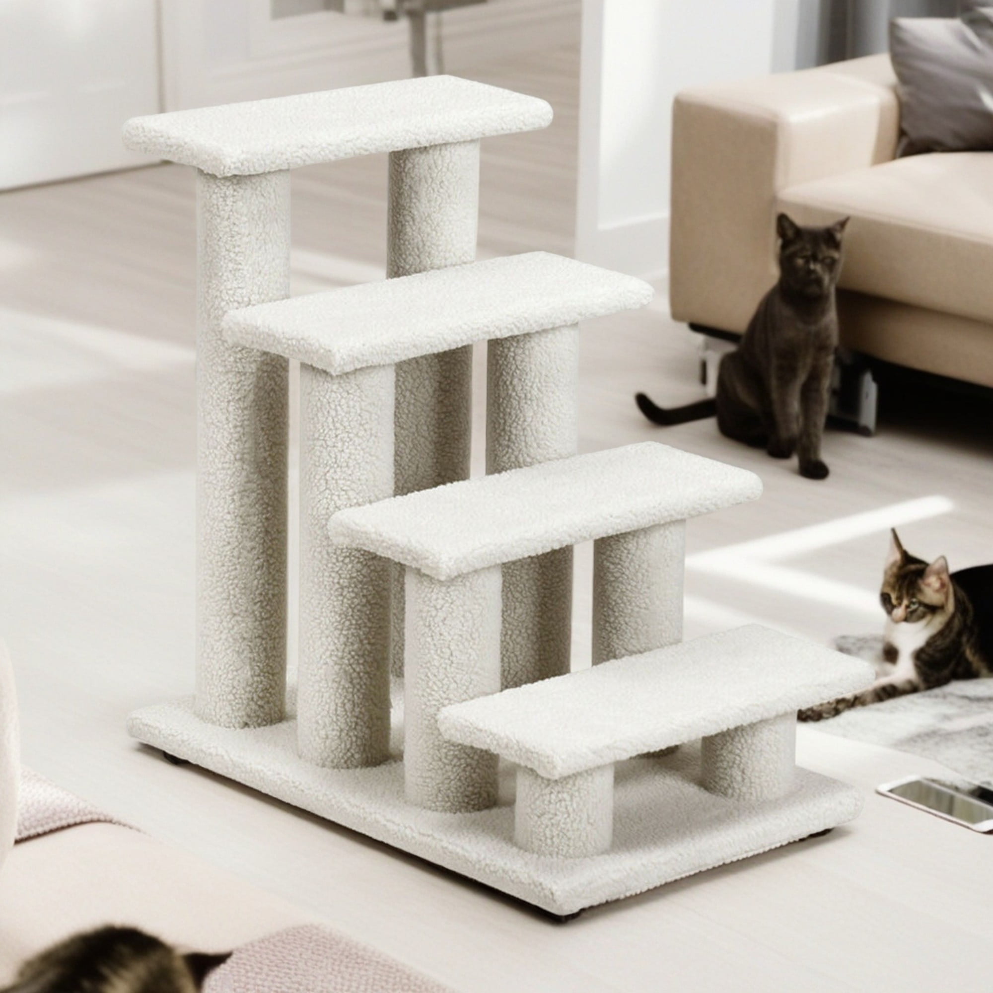 Beige Faux Fleece 4-Step Cat Stairs with Scratching Posts