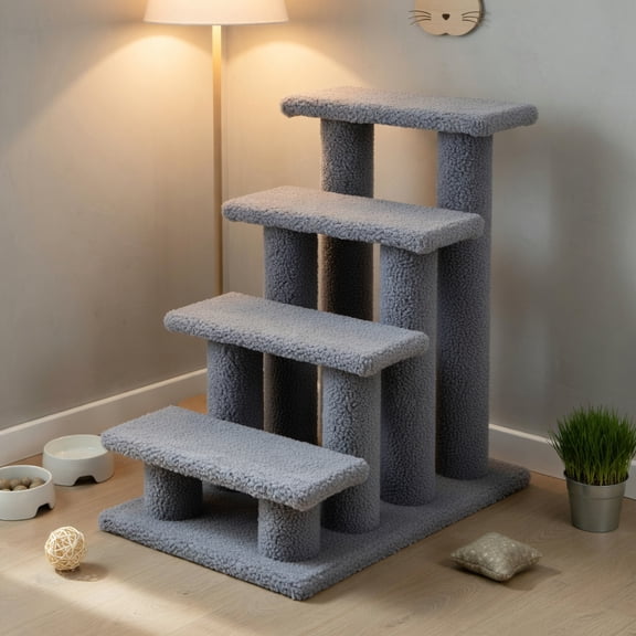 Pefilos 24" Pet Stairs for Small Pet, 4-Step Ramp for Beds and Couch with Non-Slip Carpeted Indoor Ladder, Cat Tree Climber, Gray