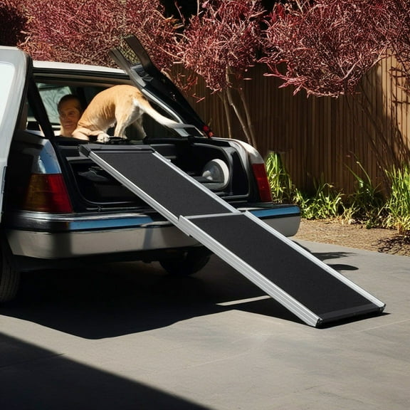Pefilos Dog Ramp for Car 63'' Folding Pet Ramp for Large Dogs with Non-Slip Rug Surface Portable Dog Car Ramp for SUV Car & Truck, Black