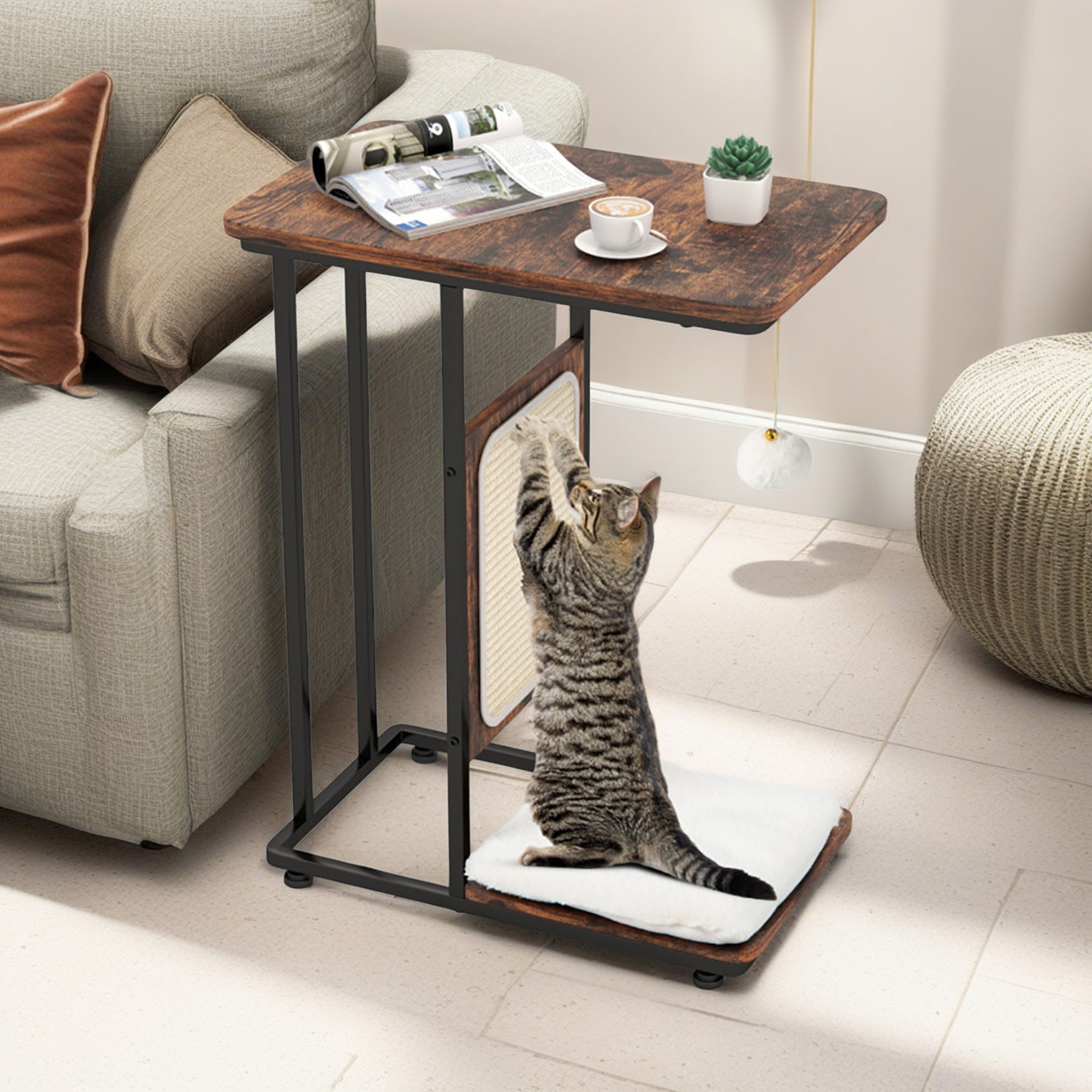 Pefilos 25" C- Shaped Cat Scratching Post Furniture, Cat Tree Table with Scratcher Board, Cat Board Pads Prevents Furniture Damage, Brown