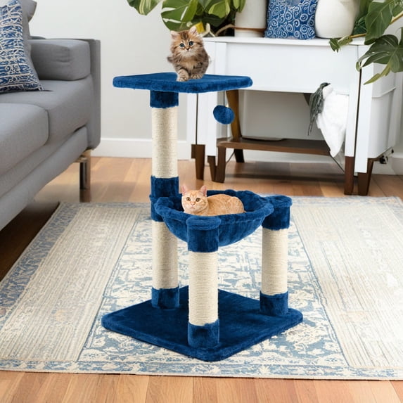 Pefilos 25" Cat Scratching Post, Sisal Rope Scratcher Tree with Hammock and Dangling Ball, Multi-level Cat Tree for Kittens and Adult Cats, Blue