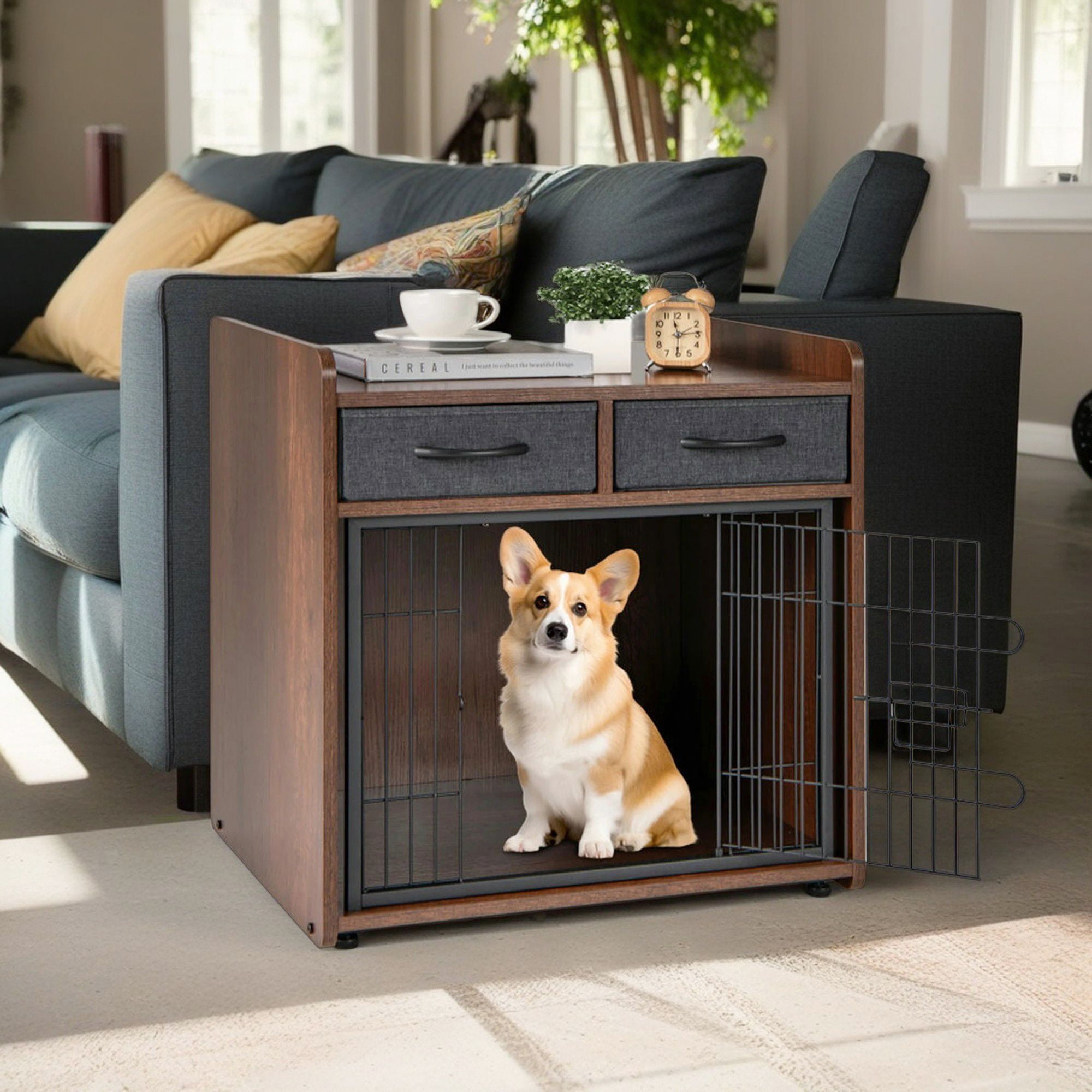 Pefilos 25" Dog Crate Furniture, Indoor Dog Kennel with 2 Fabric Drawers, Decorative Pet Cage Dog House, Brown Pefilos 25" Dog Crate Furniture, Indoor Dog Kennel with 2 Fabric Drawers, Decorative Pet Cage Dog House, Brown