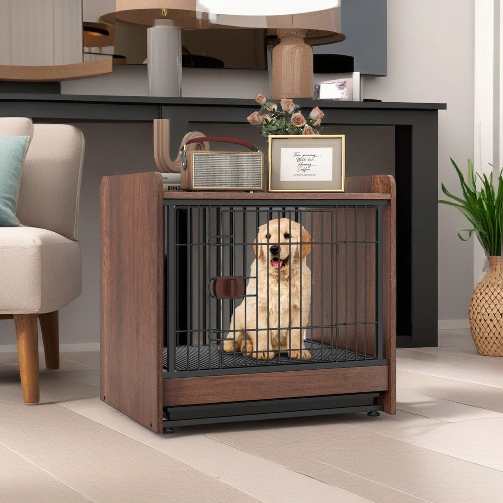 Pefilos 25" Dog Crate Furniture, Indoor Dog Kennel with Removable Tray and Lockable Door, Decorative Pet Cage Dog House, Brown Pefilos 25" Dog Crate Furniture, Indoor Dog Kennel with Removable Tray and Lockable Door, Decorative Pet Cage Dog House, Brown