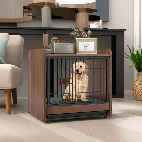 Pefilos 25" Dog Crate Furniture, Indoor Dog Kennel with Removable Tray and Lockable Door, Decorative Pet Cage Dog House, Brown