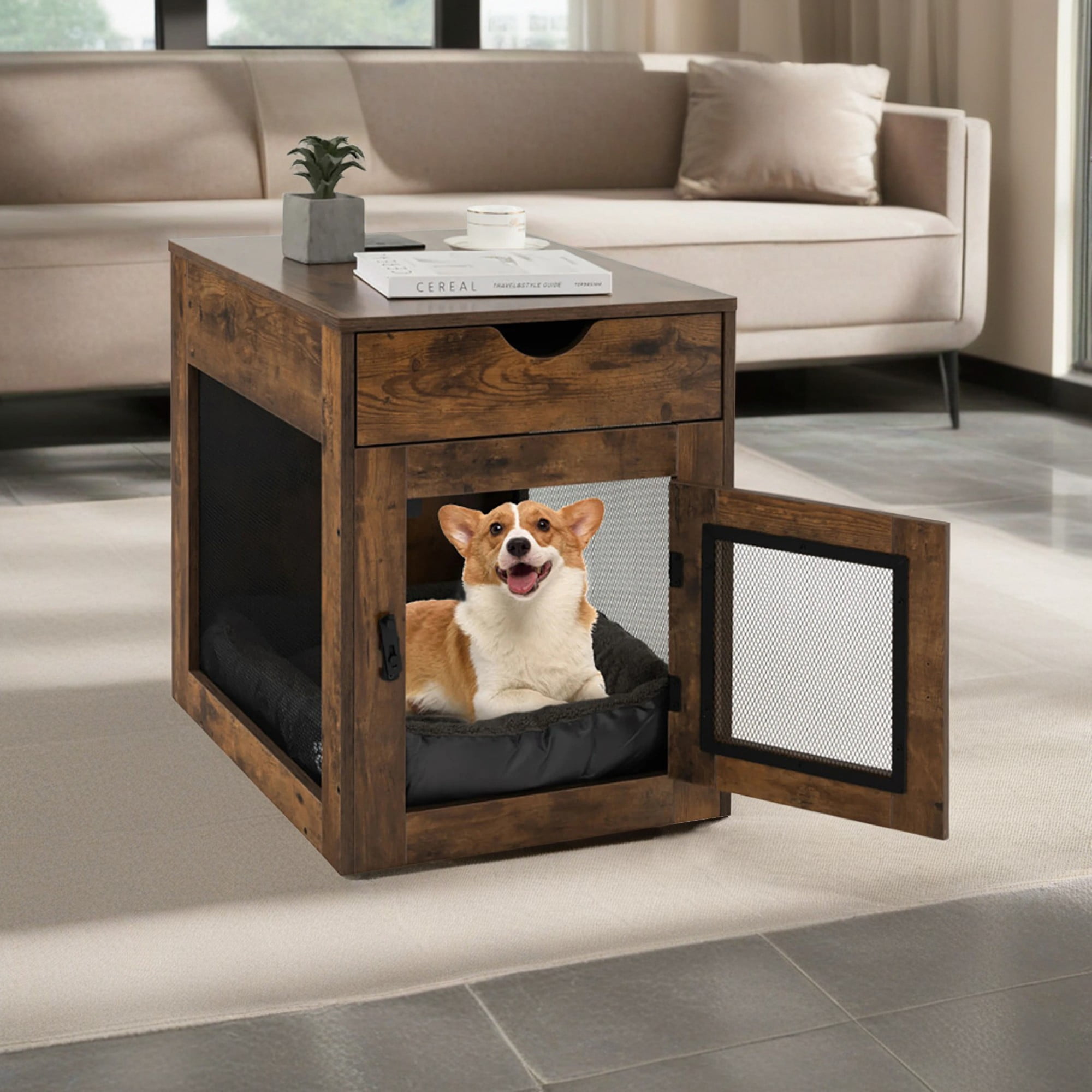 Pefilos 25" Dog Crate Furniture with Drawer and Removable Dog Bed, Wood Pet Cages for Dogs, Indoor Medium Dog Kennel, Dog House, Brown Pefilos 25" Dog Crate Furniture with Drawer and Removable Dog Bed, Wood Pet Cages for Dogs, Indoor Medium Dog Kennel, Dog House, Brown
