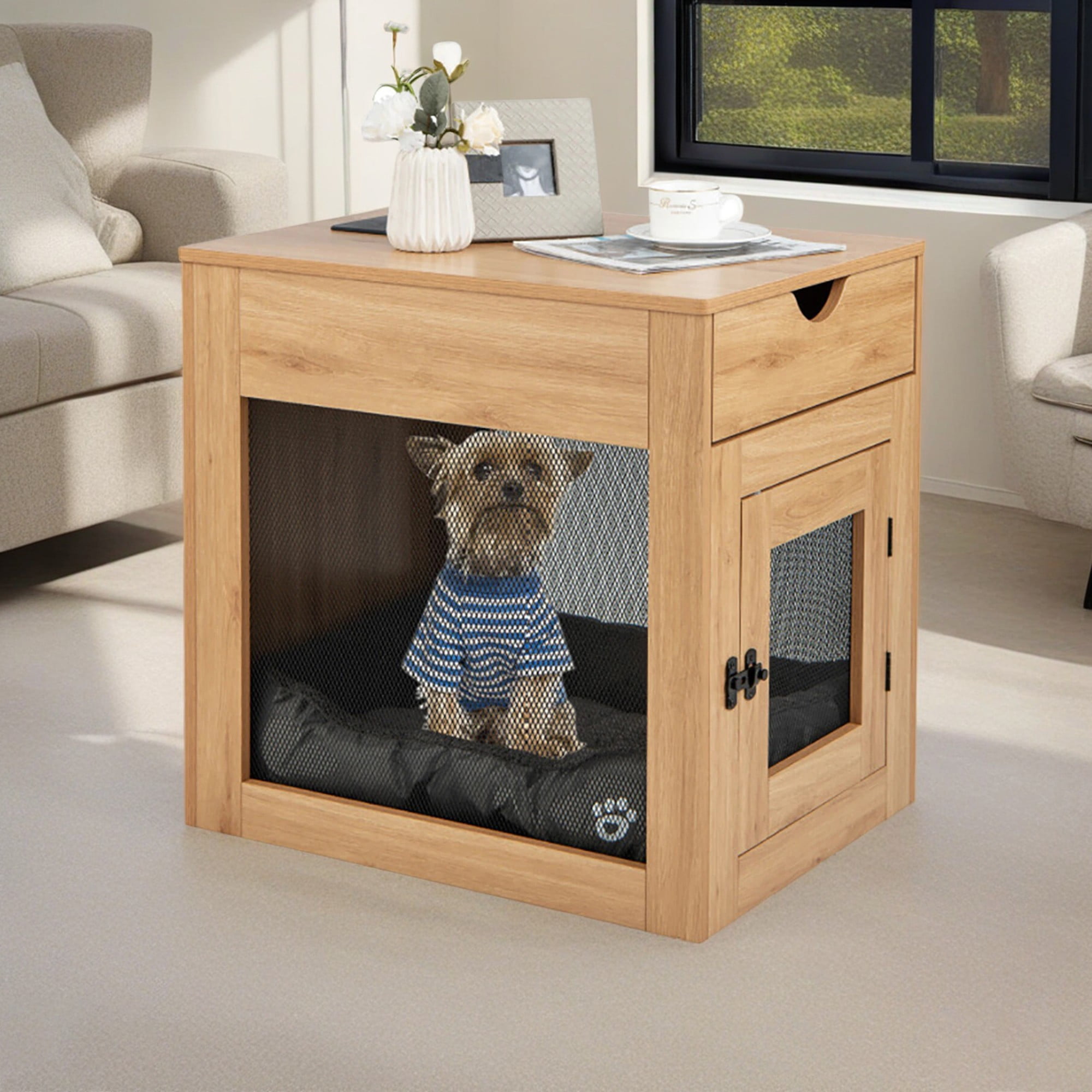Pefilos 25" Dog Crates for Medium Dogs, Wood Dog Cage Furniture with Drawer and Removable Dog Bed, Dog Kennel for Indoor, Dog House, Beige Pefilos 25" Dog Crates for Medium Dogs, Wood Dog Cage Furniture with Drawer and Removable Dog Bed, Dog Kennel for Indoor, Dog House, Beige