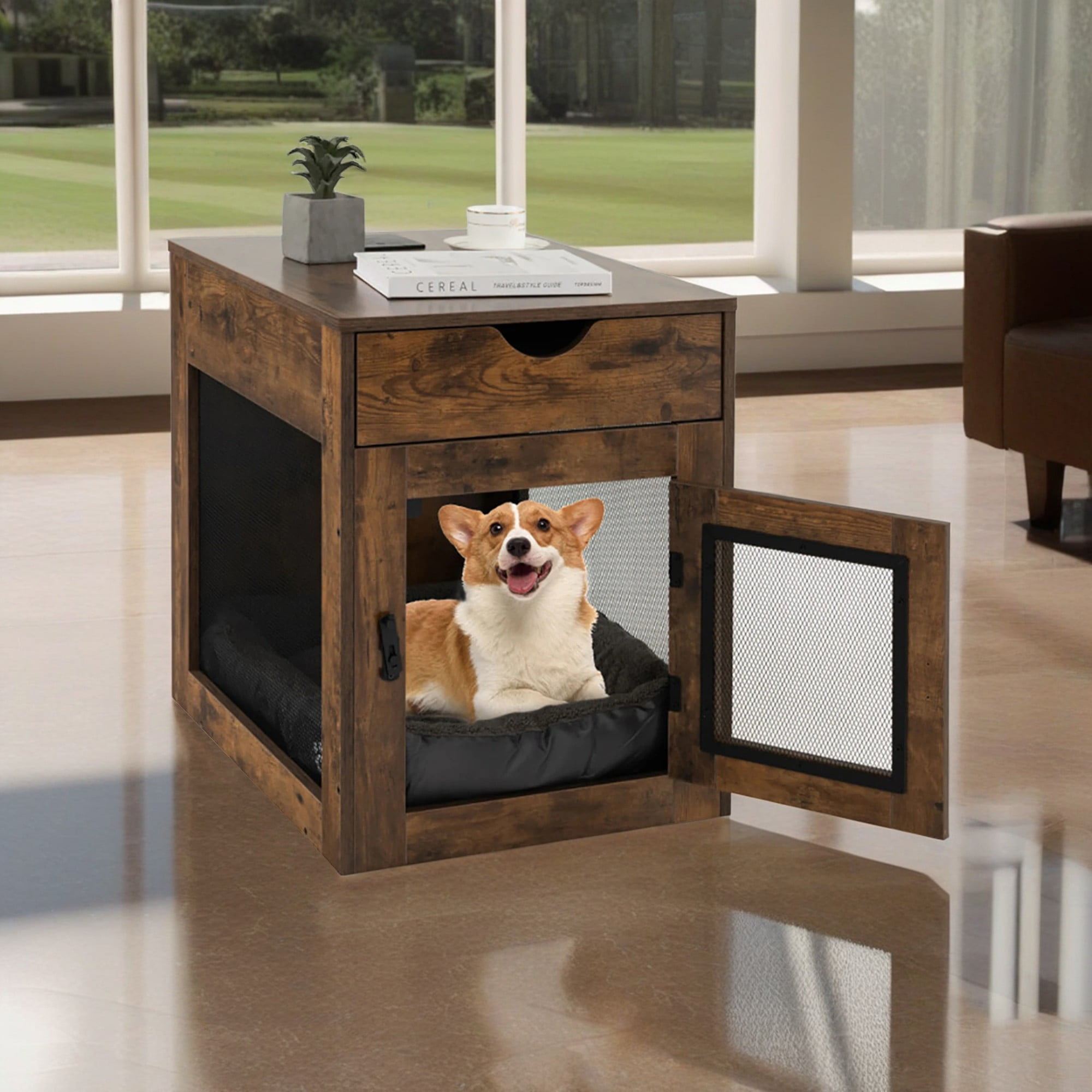 Pefilos 25" Dog Crates for Medium Dogs, Wood Dog Cage Furniture with Drawer and Removable Dog Bed, Dog Kennel for Indoor, Dog House, Brown Pefilos 25" Dog Crates for Medium Dogs, Wood Dog Cage Furniture with Drawer and Removable Dog Bed, Dog Kennel for Indoor, Dog House, Brown