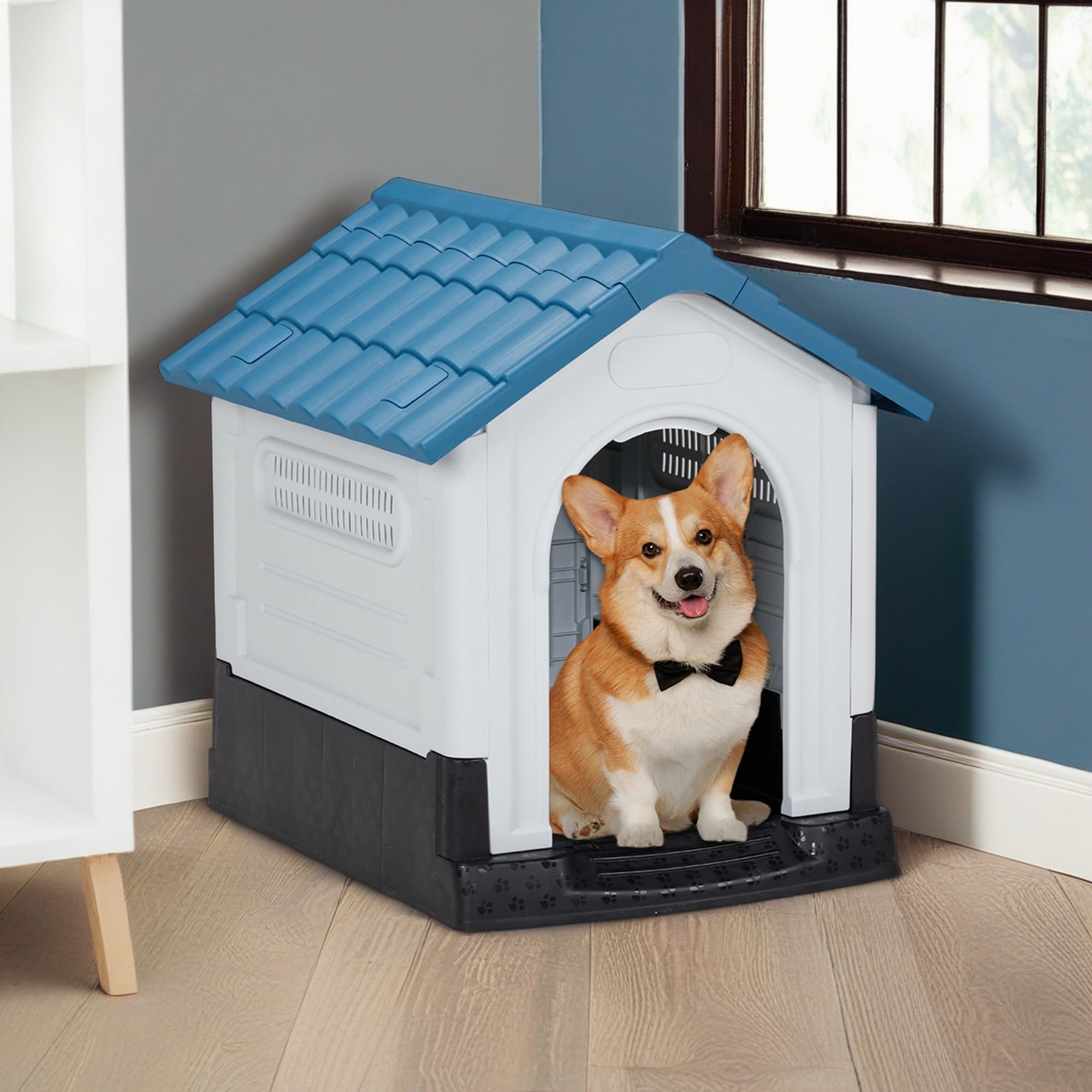 Pefilos 25" Durable Waterproof Plastic Dog House for Small Dogs, Indoor Outdoor Doghouse Puppy Shelter Kennel with Elevated Floor, Blue Pefilos 25" Durable Waterproof Plastic Dog House for Small Dogs, Indoor Outdoor Doghouse Puppy Shelter Kennel with Elevated Floor, Blue