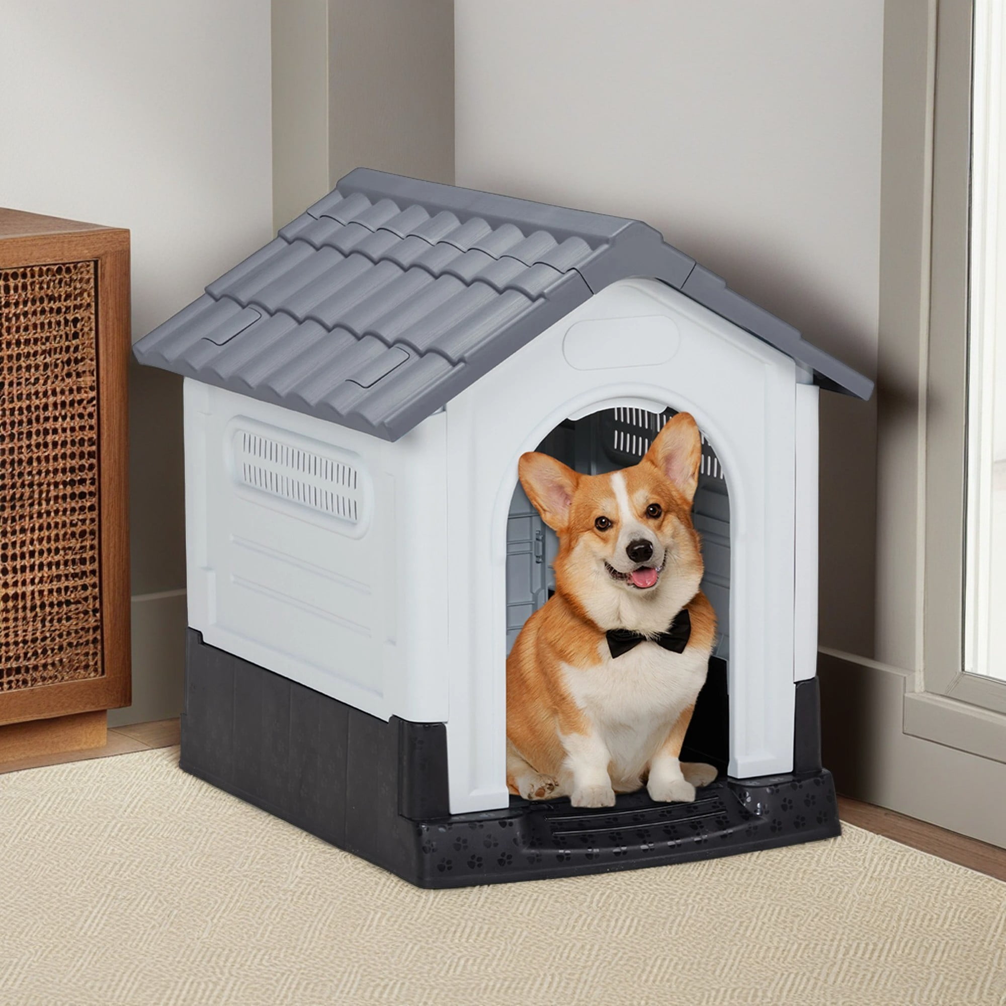 Pefilos 25" Durable Waterproof Plastic Dog House for Small Dogs, Indoor Outdoor Doghouse Puppy Shelter Kennel with Elevated Floor, Gray Pefilos 25" Durable Waterproof Plastic Dog House for Small Dogs, Indoor Outdoor Doghouse Puppy Shelter Kennel with Elevated Floor, Gray