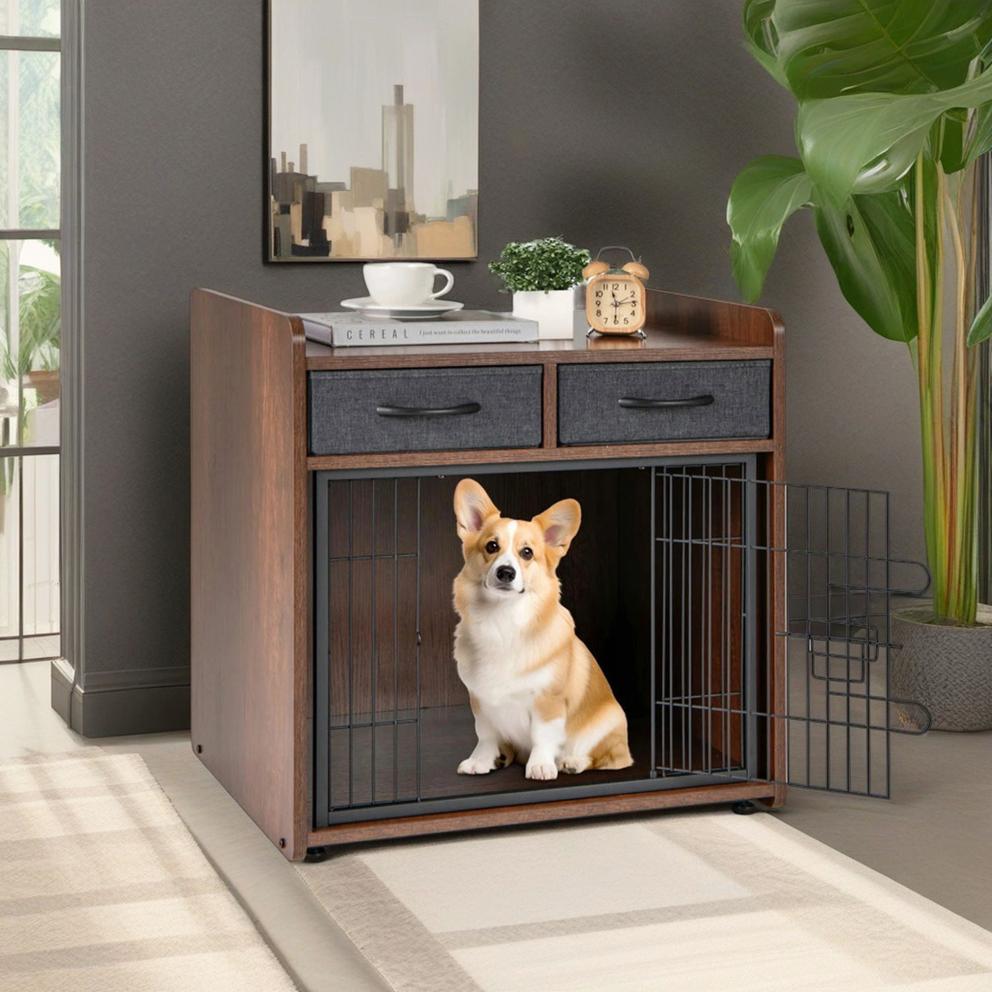 Pefilos 25" Wooden Dog Crate Furniture for Indoor Dogs, Dog Kennel with 2 Fabric Drawers, Modern Dog Cage for Small/Medium Dogs, Brown Pefilos 25" Wooden Dog Crate Furniture for Indoor Dogs, Dog Kennel with 2 Fabric Drawers, Modern Dog Cage for Small/Medium Dogs, Brown