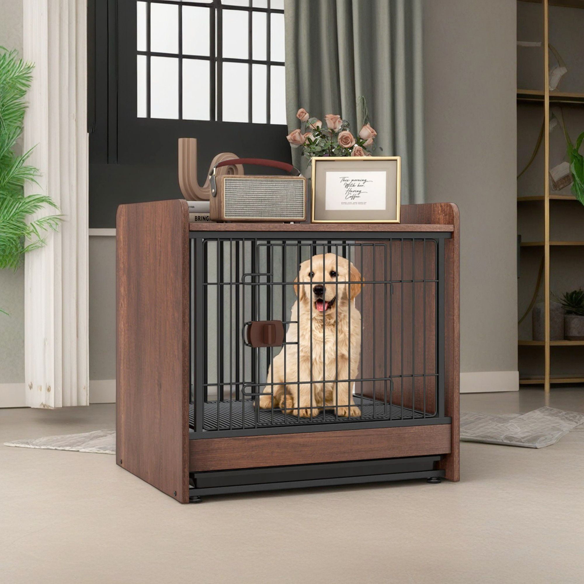 Pefilos 25" Wooden Dog Crate Furniture for Indoor Dogs, Dog Kennel with Pull-Out Tray and Lockable Door, Modern Dog Cage for Small/Medium Dogs, Brown Pefilos 25" Wooden Dog Crate Furniture for Indoor Dogs, Dog Kennel with Pull-Out Tray and Lockable Door, Modern Dog Cage for Small/Medium Dogs, Brown