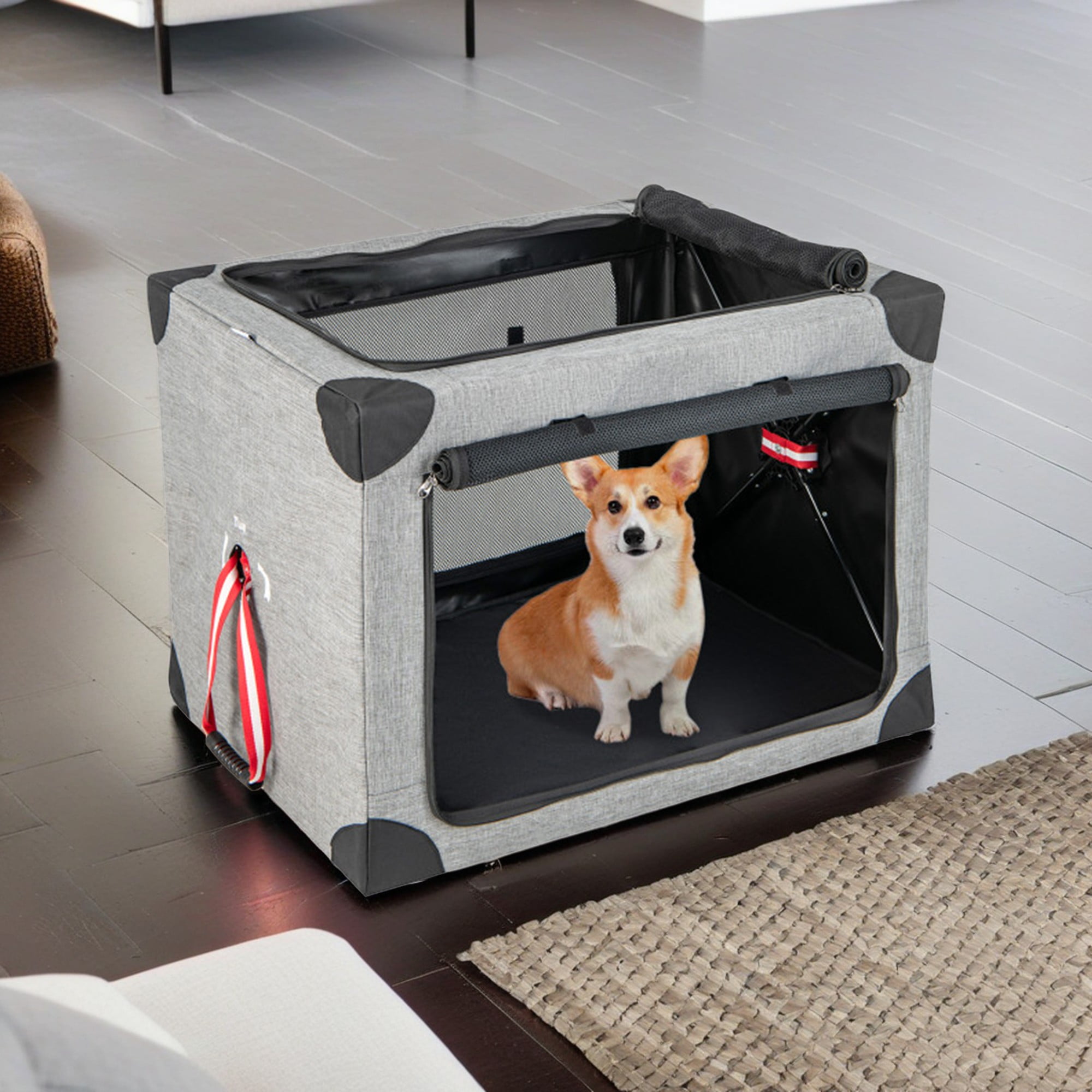 Pefilos 26" 3-Door Folding Soft Dog Crate with Removable Pad and Metal Frame, Indoor and Outdoor Pet Home, M, Gray Pefilos 26" 3-Door Folding Soft Dog Crate with Removable Pad and Metal Frame, Indoor and Outdoor Pet Home, M, Gray