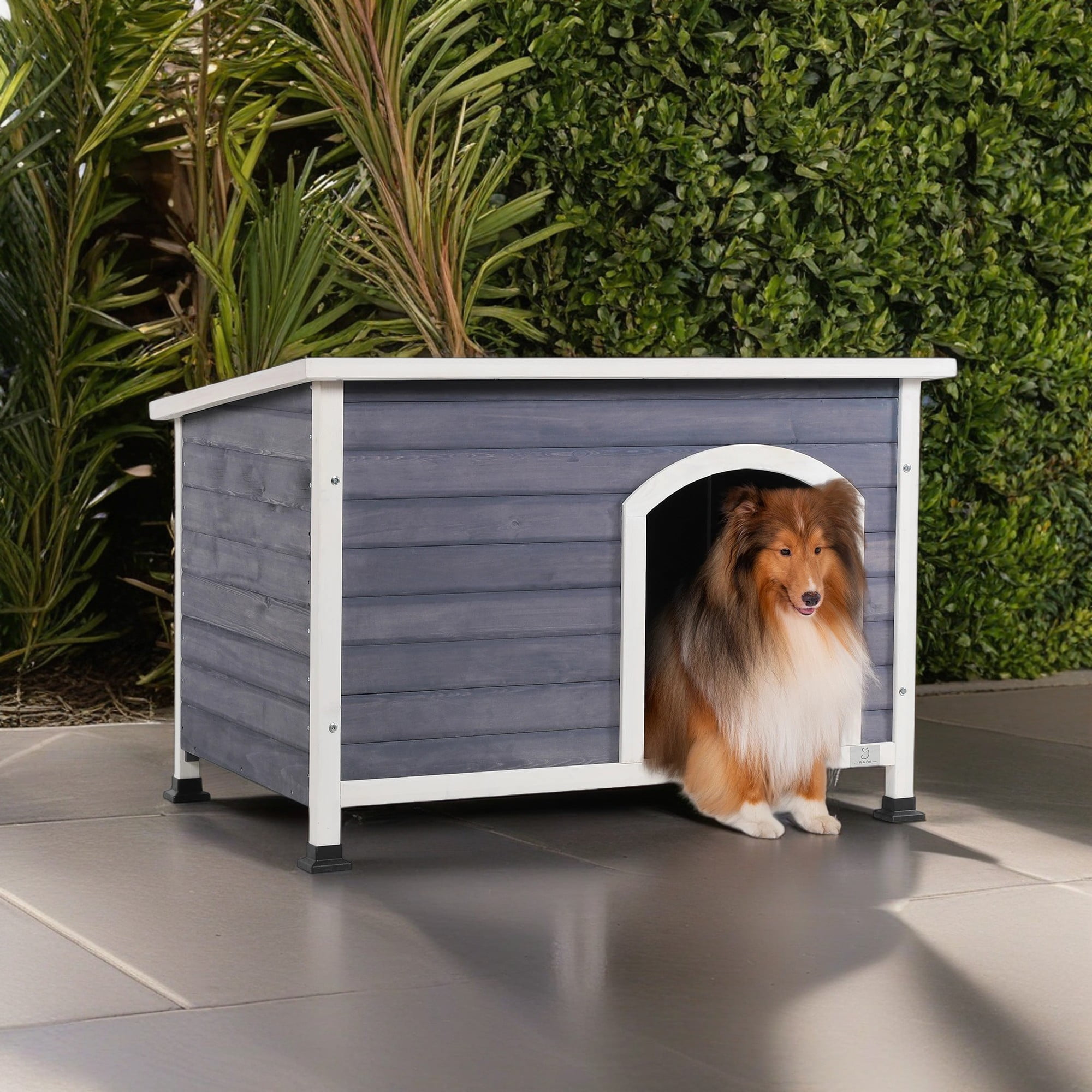 Medium Gray Wooden Outdoor Dog House with Raised Floor