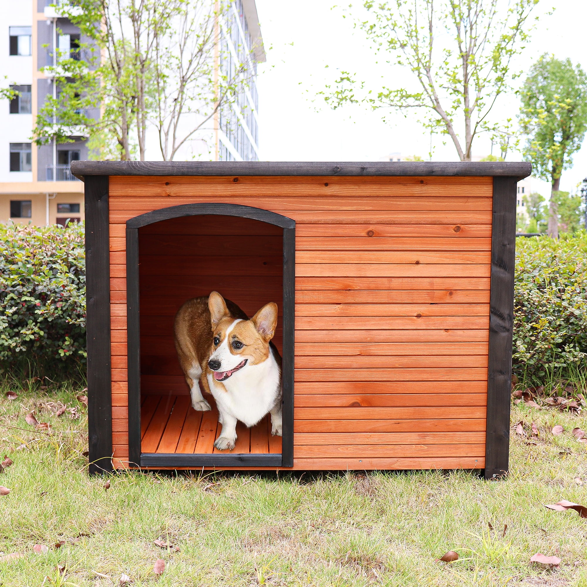 Pefilos 26.4" Width Outdoor Wooden Dog House for Medium Dogs with Raised Feet, Removable Floor Weatherproof Pet Cat House, Gold Pefilos 26.4" Width Outdoor Wooden Dog House for Medium Dogs with Raised Feet, Removable Floor Weatherproof Pet Cat House, Gold
