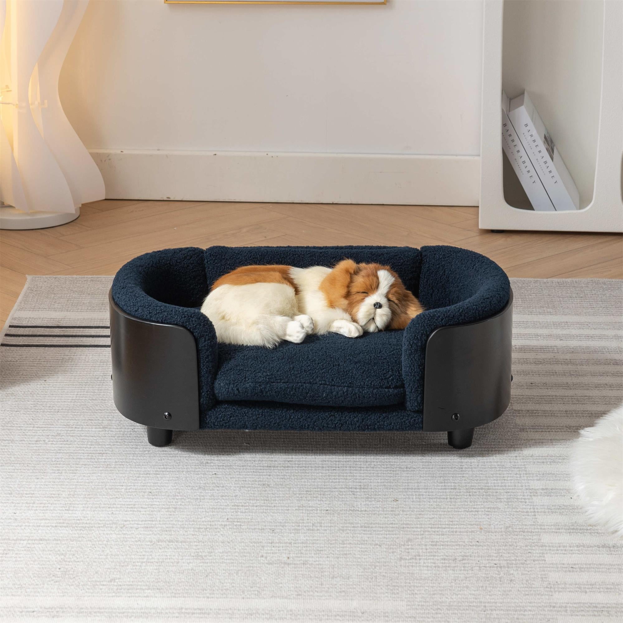 Pefilos 26" Elevated Pet Dog Bed with Solid Wood Legs and Black Bent Wood Back, Cashmere Cushion, Pet Sofa for Indoors Dogs, Dark Blue Pefilos 26" Elevated Pet Dog Bed with Solid Wood Legs and Black Bent Wood Back, Cashmere Cushion, Pet Sofa for Indoors Dogs, Dark Blue