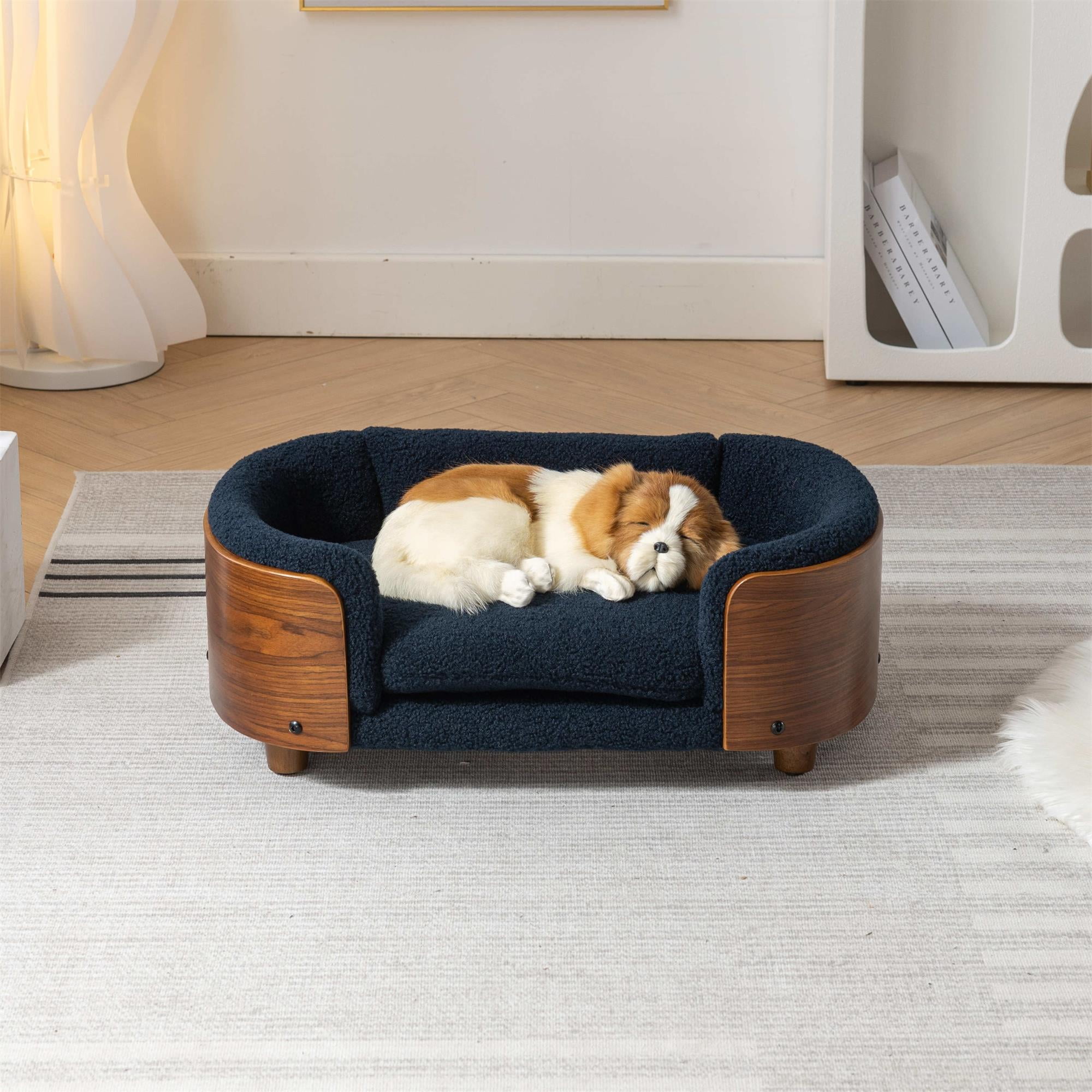 Pefilos 26" Elevated Pet Dog Bed with Solid Wood Legs and Walnut Bent Wood Back, Cashmere Cushion, Pet Sofa for Indoors Dogs, Dark Blue Pefilos 26" Elevated Pet Dog Bed with Solid Wood Legs and Walnut Bent Wood Back, Cashmere Cushion, Pet Sofa for Indoors Dogs, Dark Blue