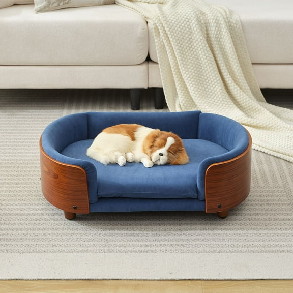 Pefilos 26" Elevated Pet Dog Bed with Solid Wood Legs and Walnut Bent Wood Back, Cashmere Cushion, Pet Sofa for Indoors Dogs, Dark Blue