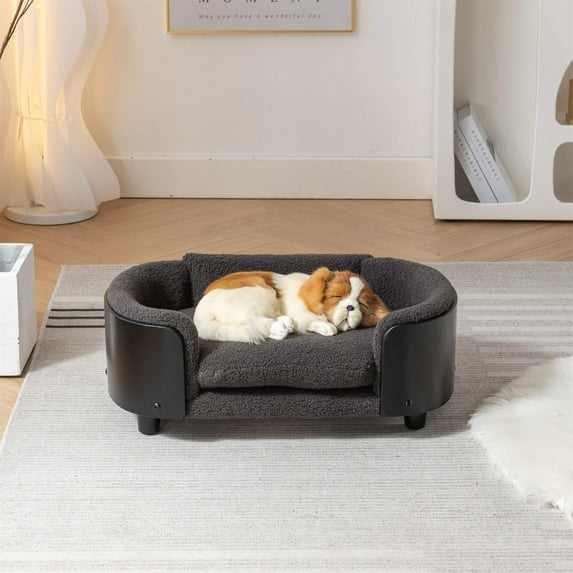 Pefilos 26" Elevated Pet Dog Bed with Solid Wood Legs and Walnut Bent Wood Back, Cashmere Cushion, Pet Sofa for Indoors Dogs, Dark Gray