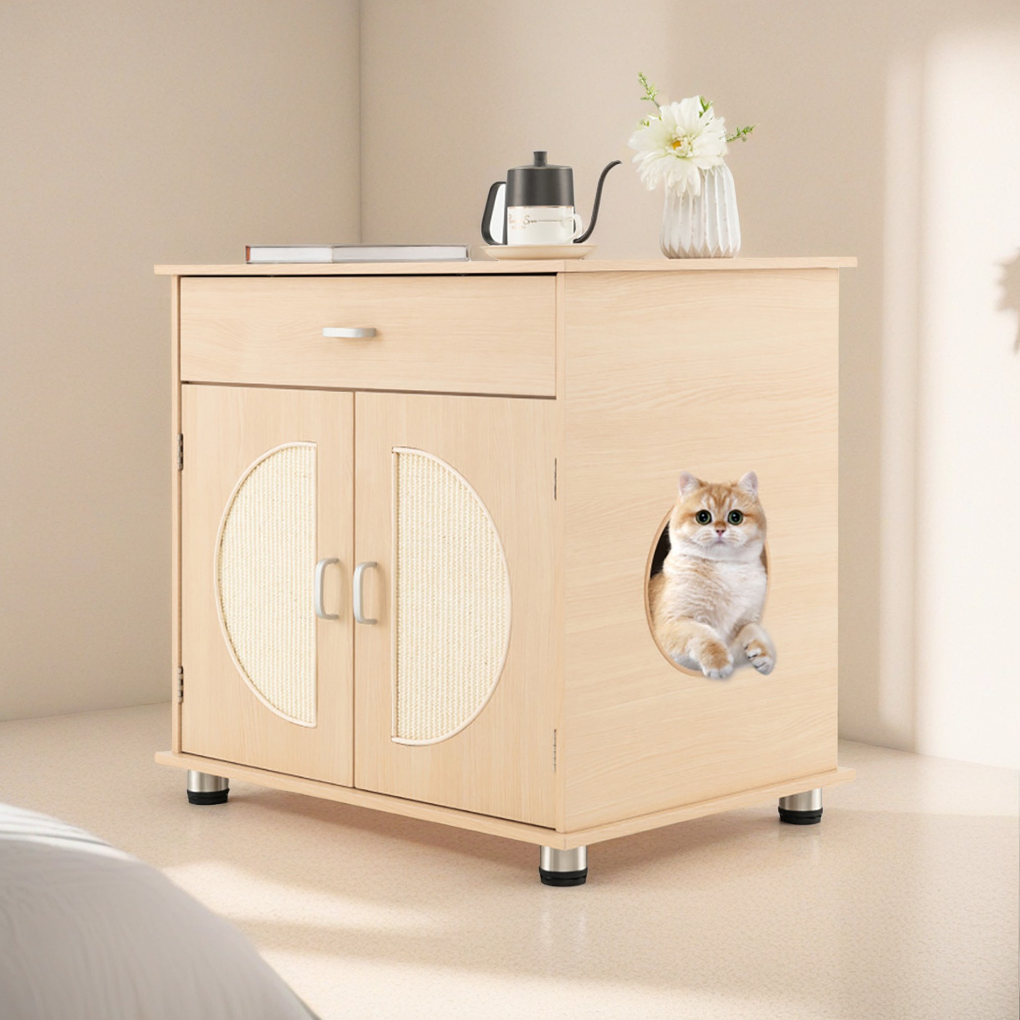 Pefilos 26" Hidden Cat Litter Boxes Enclosure Furniture with Sisal Scratching Doors, Cat House Suitable for Bedroom, Beige