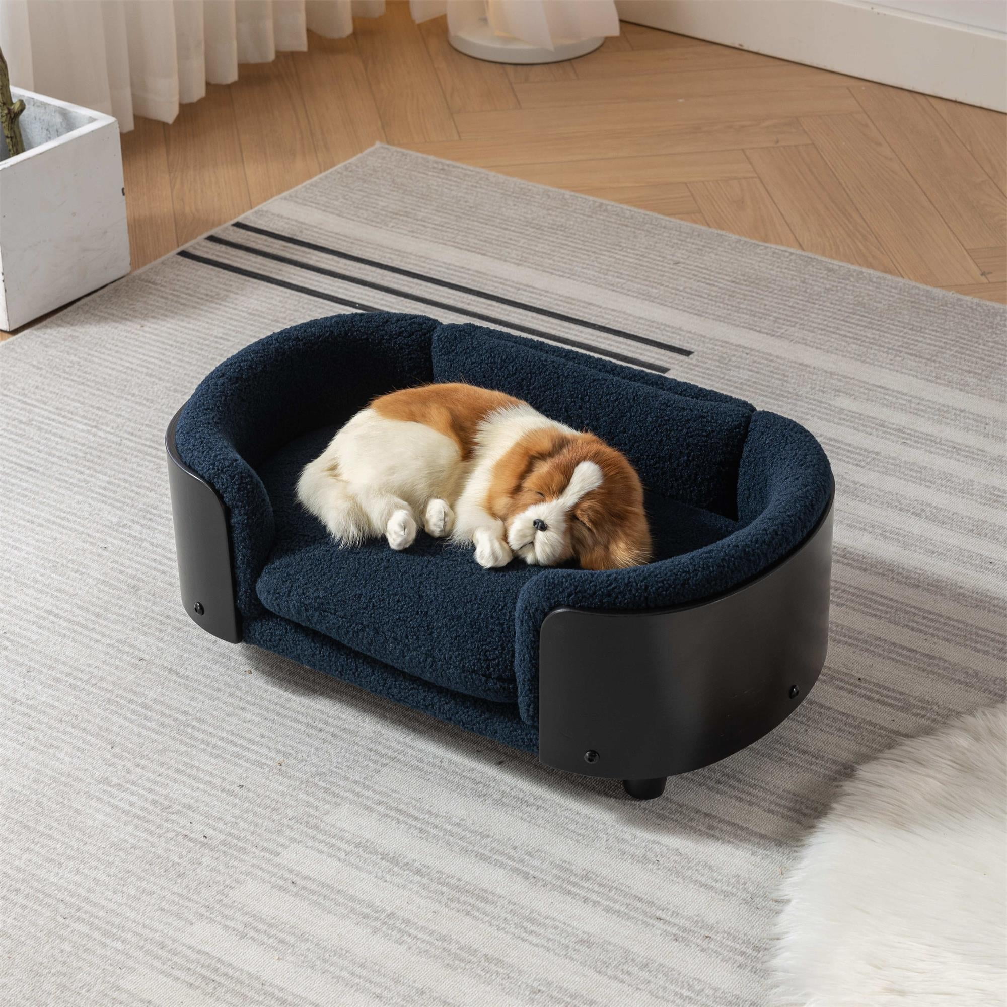 Pefilos 26" Pet Sofa for Indoors Dogs, Cat and Dog Bed with Solid Wood Legs and Black Bent Wood Back, Cashmere Cushion, Blue Pefilos 26" Pet Sofa for Indoors Dogs, Cat and Dog Bed with Solid Wood Legs and Black Bent Wood Back, Cashmere Cushion, Blue