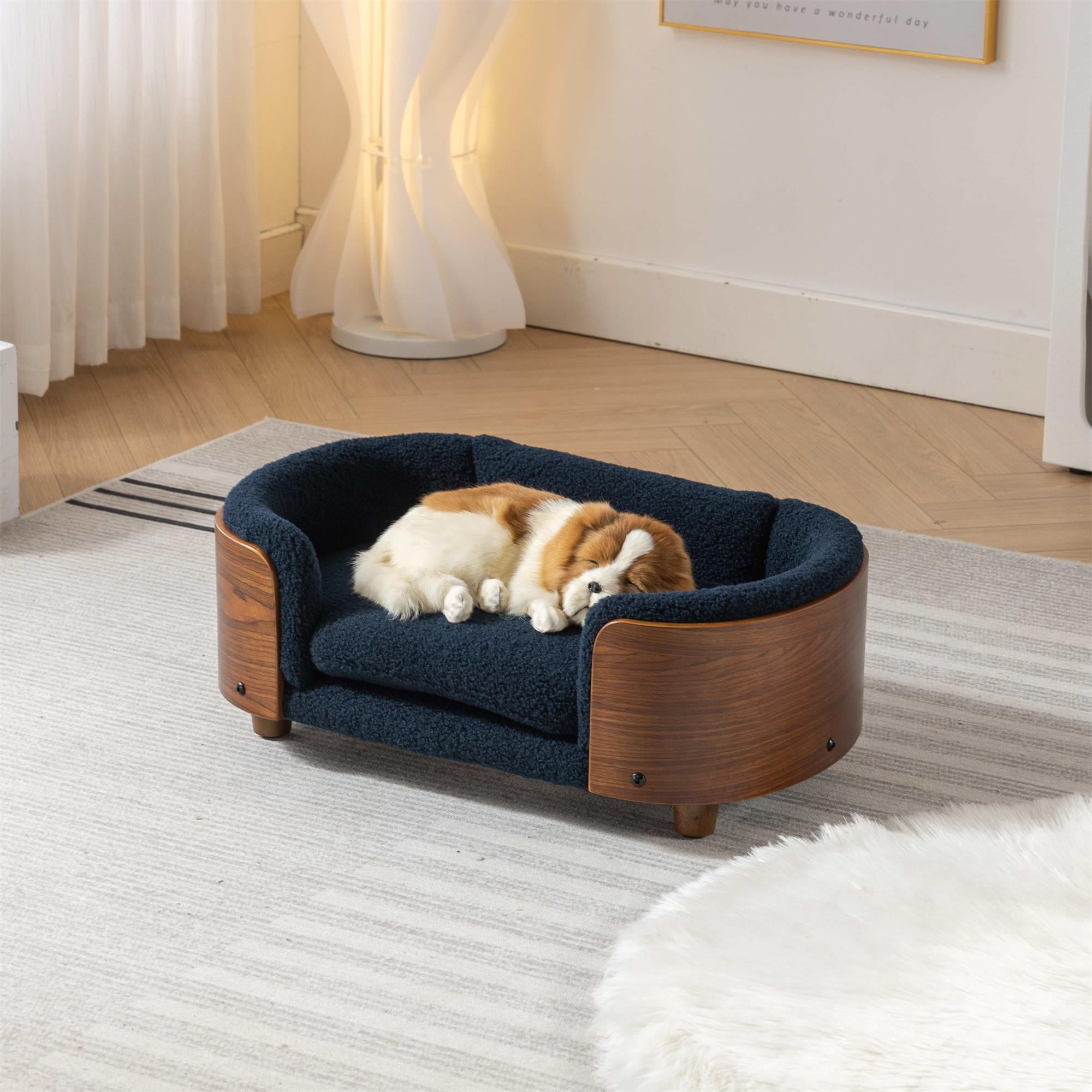 Pefilos 26" Pet Sofa for Indoors Dogs, Cat and Dog Bed with Solid Wood Legs and Walnut Bent Wood Back, Cashmere Cushion, Blue Pefilos 26" Pet Sofa for Indoors Dogs, Cat and Dog Bed with Solid Wood Legs and Walnut Bent Wood Back, Cashmere Cushion, Blue