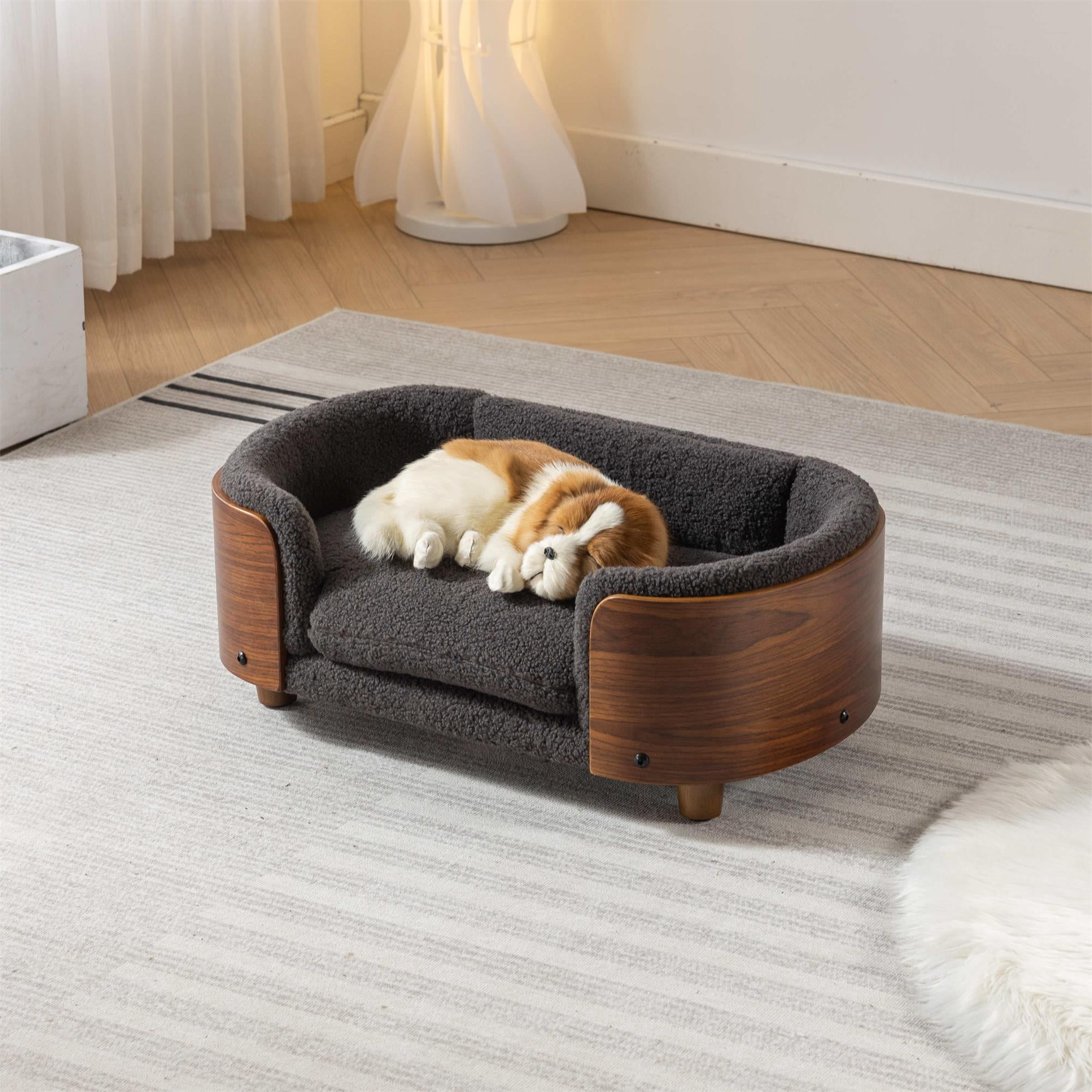 Pefilos 26" Pet Sofa for Indoors Dogs, Cat and Dog Bed with Solid Wood Legs and Walnut Bent Wood Back, Cashmere Cushion, Gray Pefilos 26" Pet Sofa for Indoors Dogs, Cat and Dog Bed with Solid Wood Legs and Walnut Bent Wood Back, Cashmere Cushion, Gray