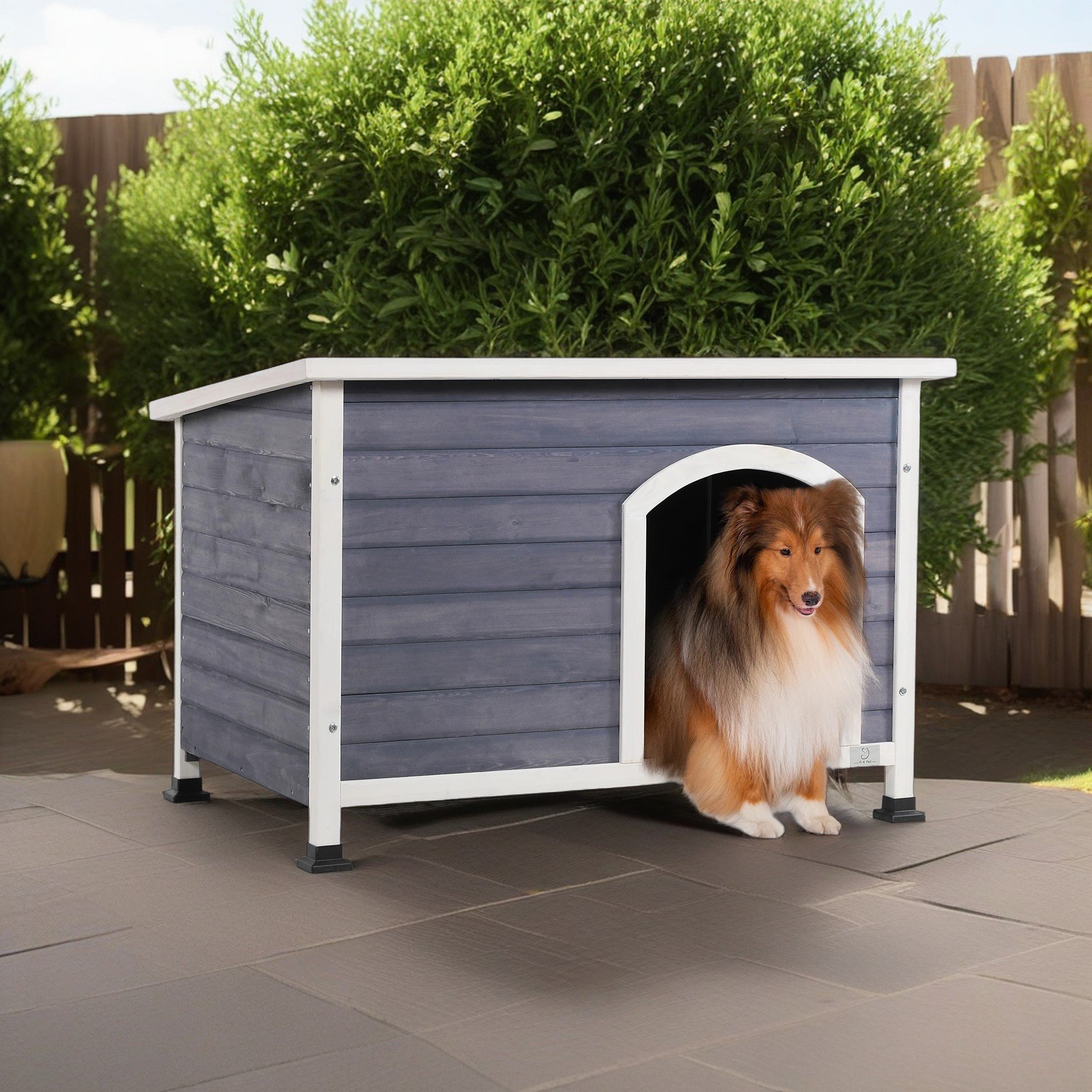 Pefilos 41" Width Wood Dog House for Medium Dogs with Elevated Floor, Outdoor Weatherproof Pet Cat House, Gray
