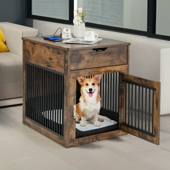 Pefilos 27" 2-In-1 Dog House with Drawer and Wired Wireless Charging, Indoor Dog Crates, Wooden Pet Dog Cages, Brown