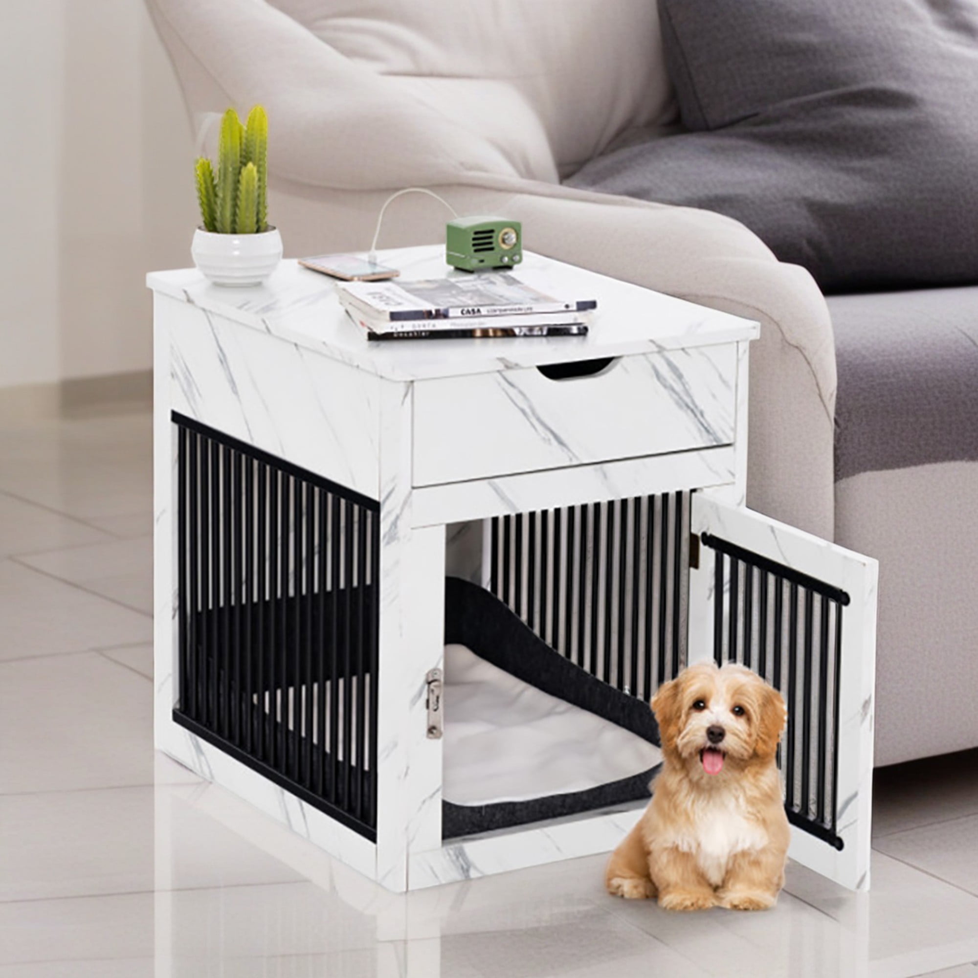 Pefilos 27" 2-In-1 Dog House with Drawer and Wired Wireless Charging, Indoor Dog Crates, Wooden Pet Dog Cages, White Pefilos 27" 2-In-1 Dog House with Drawer and Wired Wireless Charging, Indoor Dog Crates, Wooden Pet Dog Cages, White