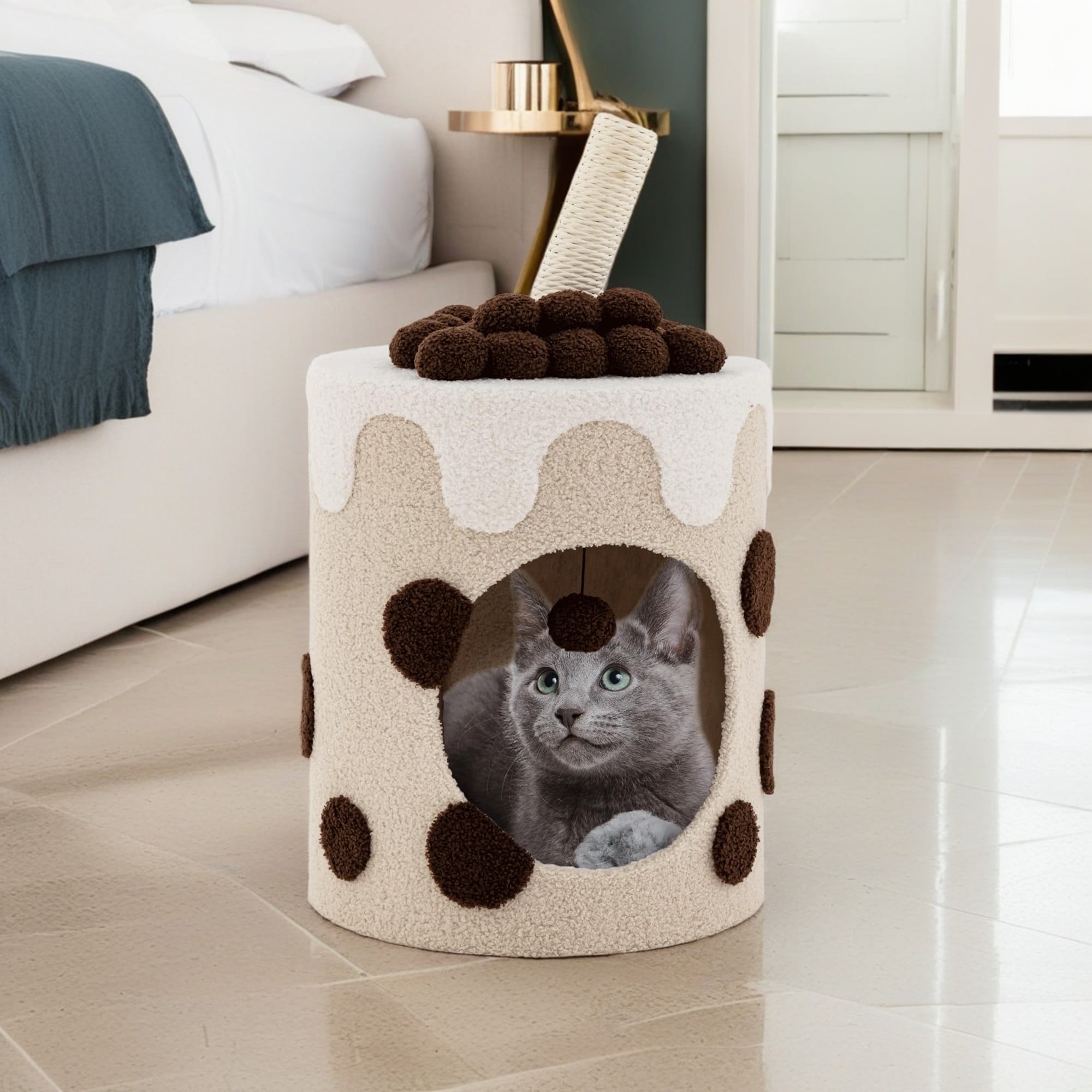 Pefilos 27" Cat Cave Bed with Scratching Post, Cat House for Indoor Cats, Modern Cat Condo Cat Nest Cute Prevents Furniture Damage Cat Shelter, Coffee and Beige Pefilos 27" Cat Cave Bed with Scratching Post, Cat House for Indoor Cats, Modern Cat Condo Cat Nest Cute Prevents Furniture Damage Cat Shelter, Coffee and Beige