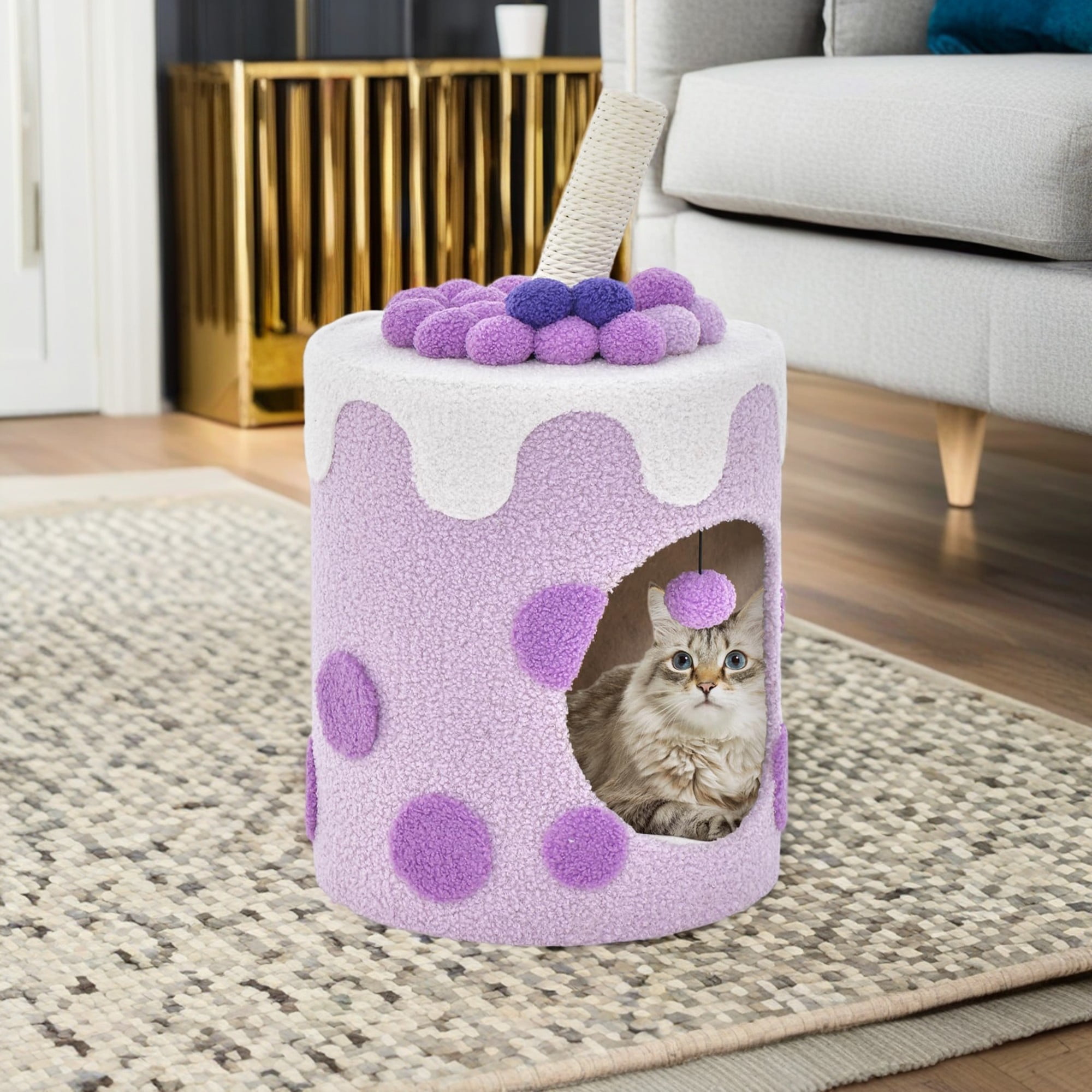 Pefilos 27" Cat Cave Bed with Scratching Post, Cat House for Indoor Cats, Modern Cat Condo Cat Nest Cute Prevents Furniture Damage Cat Shelter, Purple and White Pefilos 27" Cat Cave Bed with Scratching Post, Cat House for Indoor Cats, Modern Cat Condo Cat Nest Cute Prevents Furniture Damage Cat Shelter, Purple and White