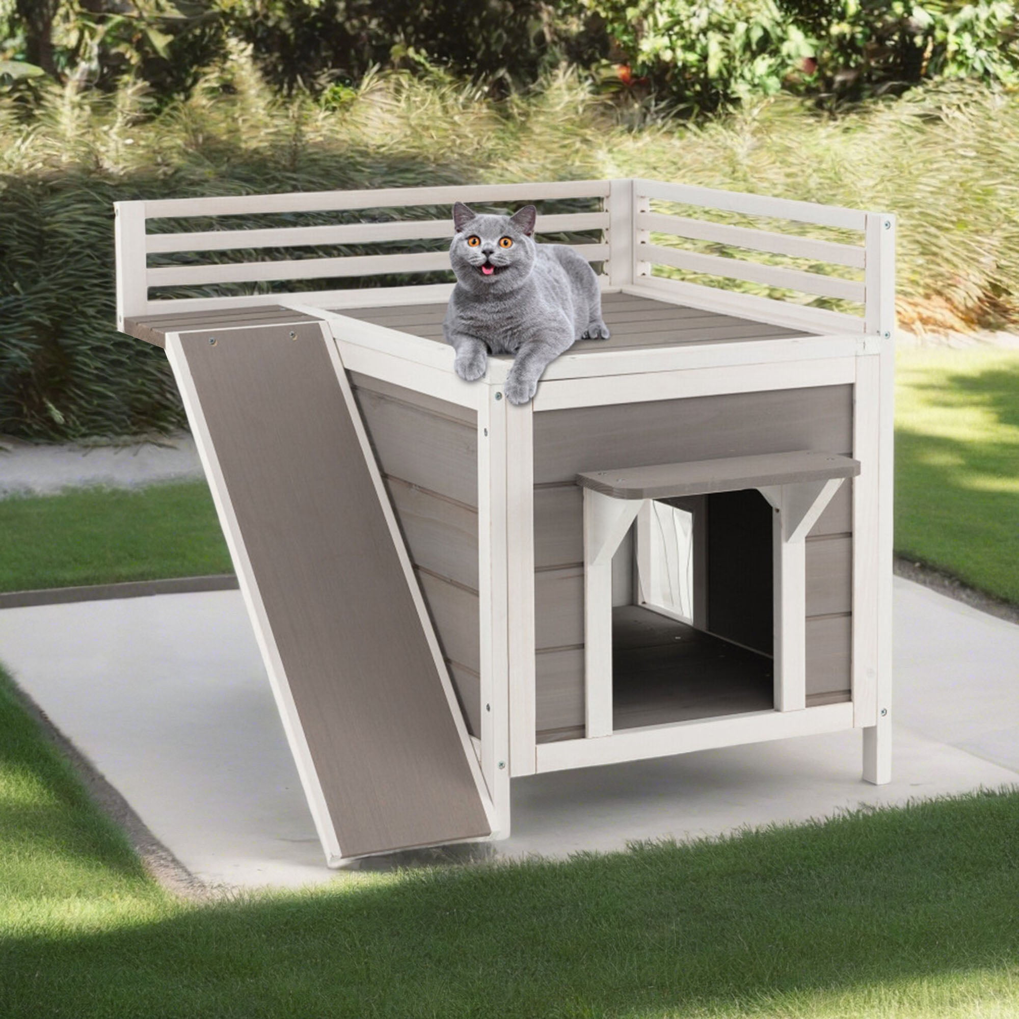 Pefilos 27" Cat House for Outdoor Cats, Weatherproof Cat Shelter with Escape Door, 2 Story Wood Cat Condo with Ladder, Gray Pefilos 27" Cat House for Outdoor Cats, Weatherproof Cat Shelter with Escape Door, 2 Story Wood Cat Condo with Ladder, Gray