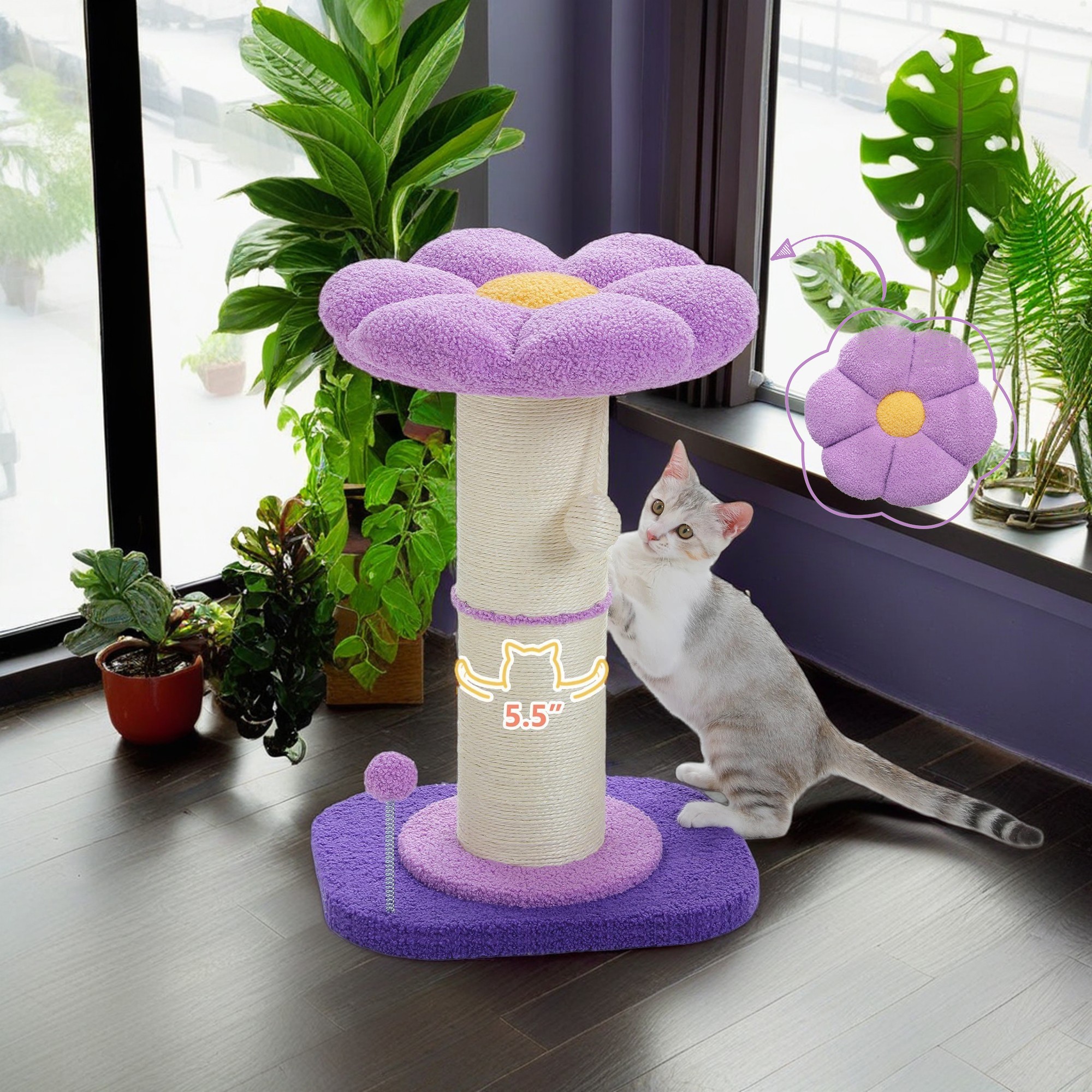 Pefilos 23" Cat Scratching Post, Small Cat Scratcher Tree for Indoor Cats with Removable Flower Cat Bed, Cat Tree Tower with Spring Ball, Purple Pefilos 23" Cat Scratching Post, Small Cat Scratcher Tree for Indoor Cats with Removable Flower Cat Bed, Cat Tree Tower with Spring Ball, Purple