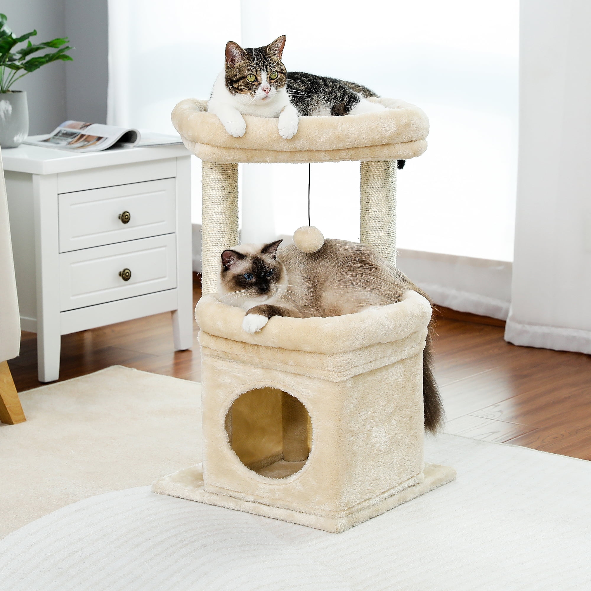 Pefilos 27" Cat Tree Tower for Indoor Cats with Private Cozy Cat Condo, Natural Sisal Scratching Posts and Plush Pom-pom for Small Cats, Beige