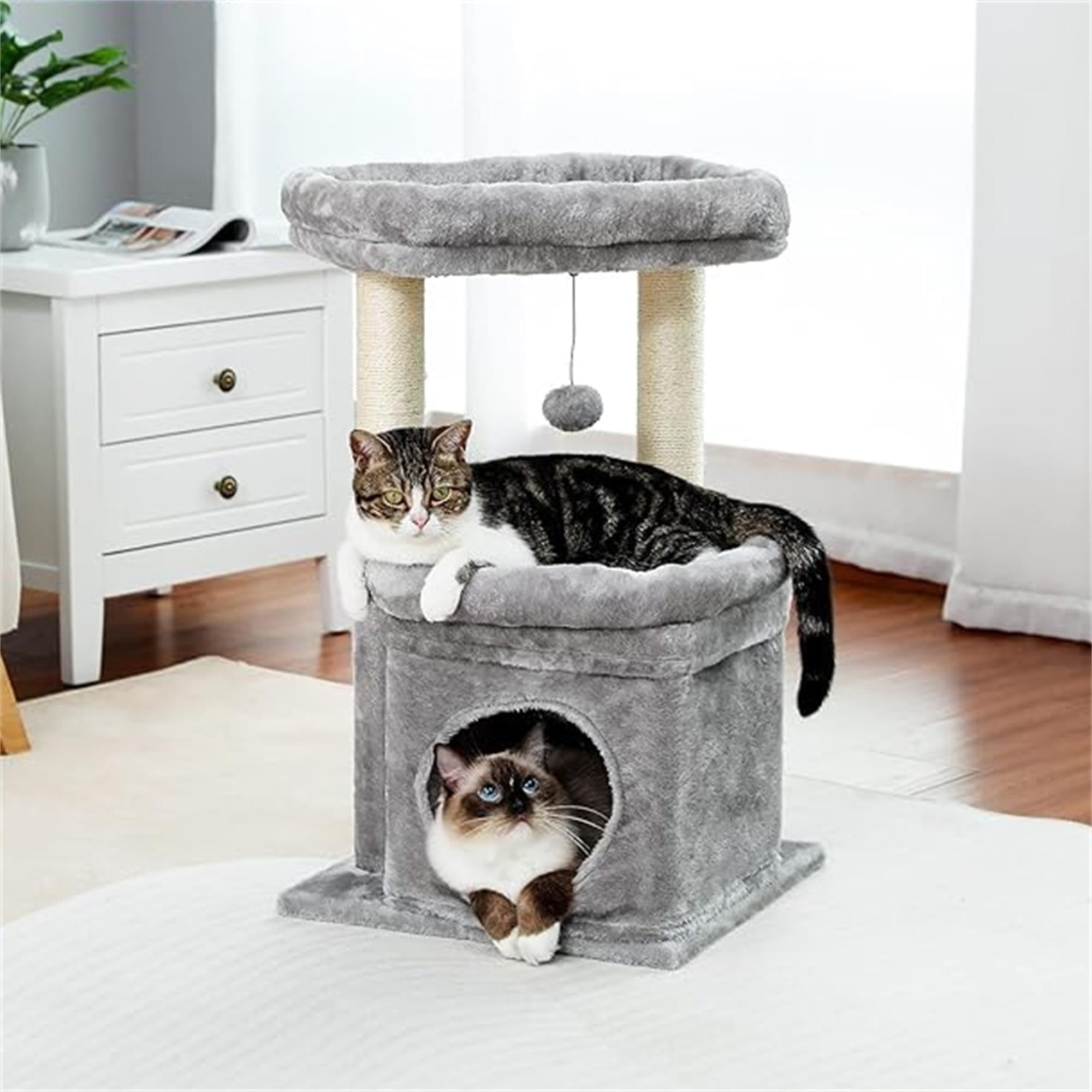 Pefilos 27" Cat Tree Tower for Indoor Cats with Private Cozy Cat Condo, Natural Sisal Scratching Posts and Plush Pom-pom for Small Cats, Gray