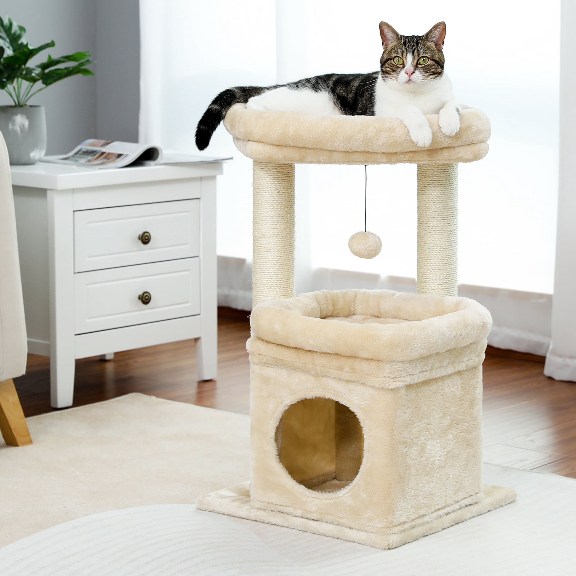 Pefilos 27" Cat Tree Tower for Indoor Cats with Scratching Posts, Climbing Cute Cat Condo, Cat Tree House, Beige